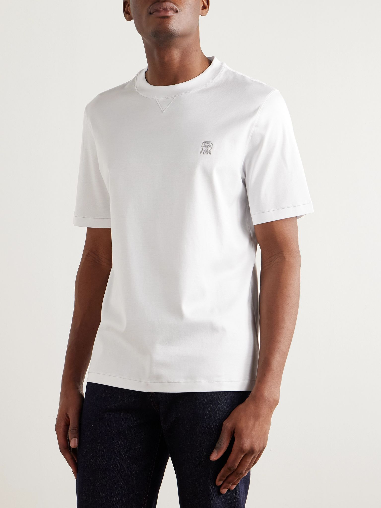 Logo-Embroidered Cotton-Jersey T-Shirt White - 3