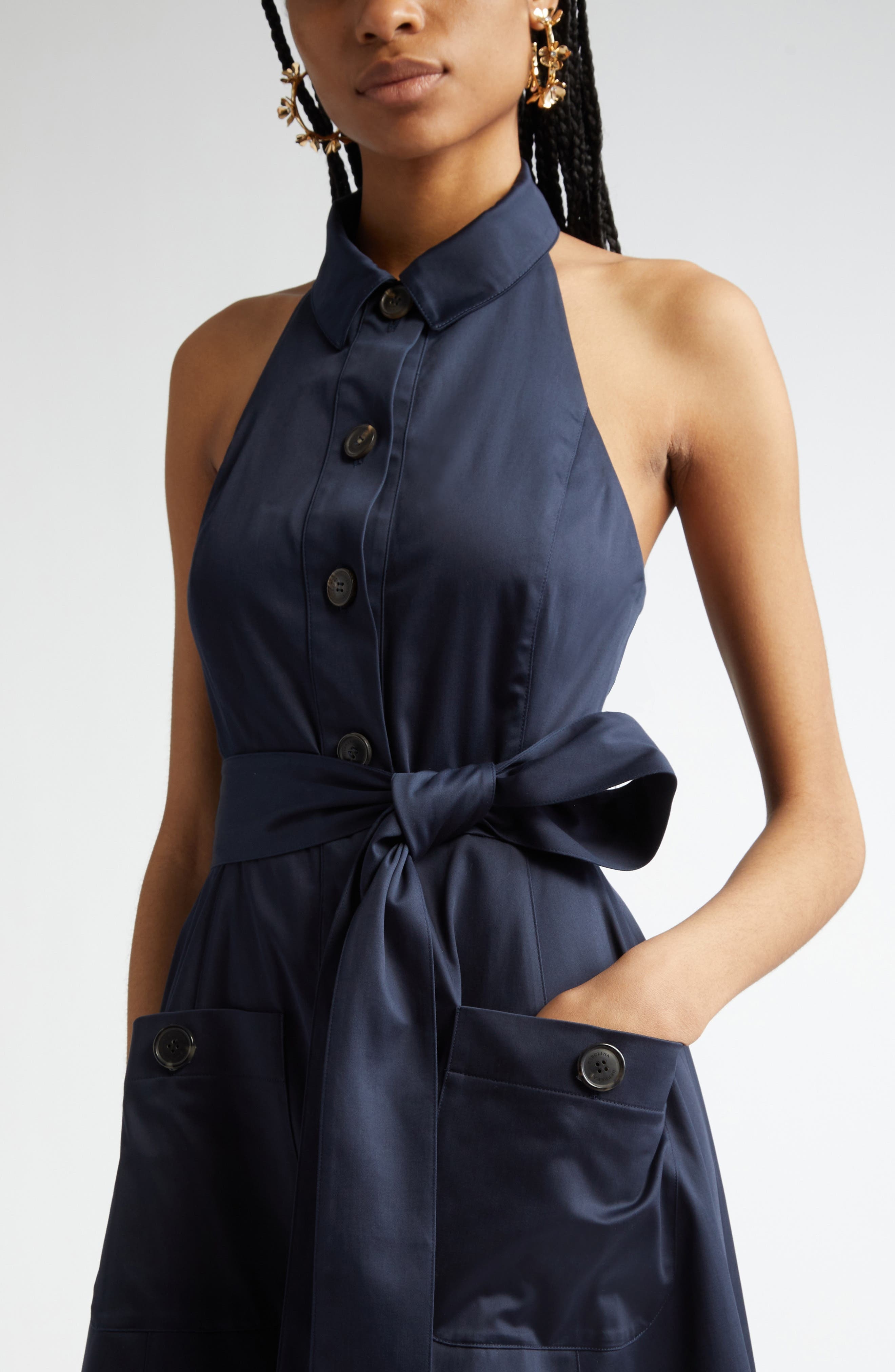 Carolina Herrera Halter Neck Belted Stretch Cotton Sateen Shirtdress in Midnight at Nordstrom - 4