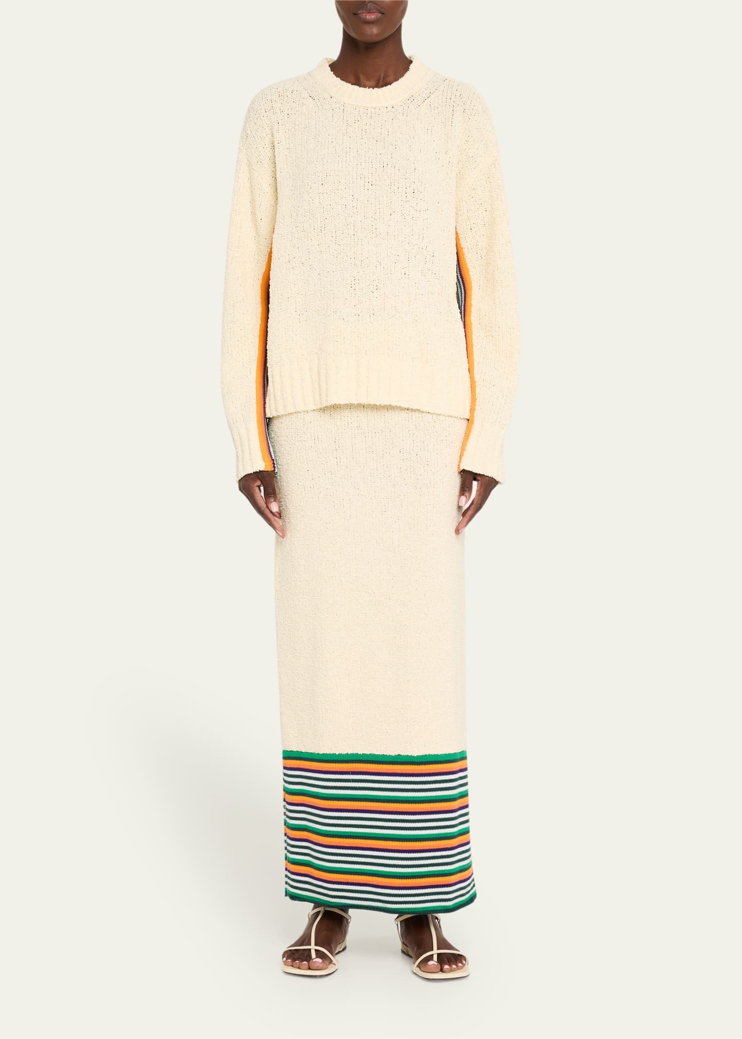 Striped-Side Boucle Knit Crewneck Sweater - 2