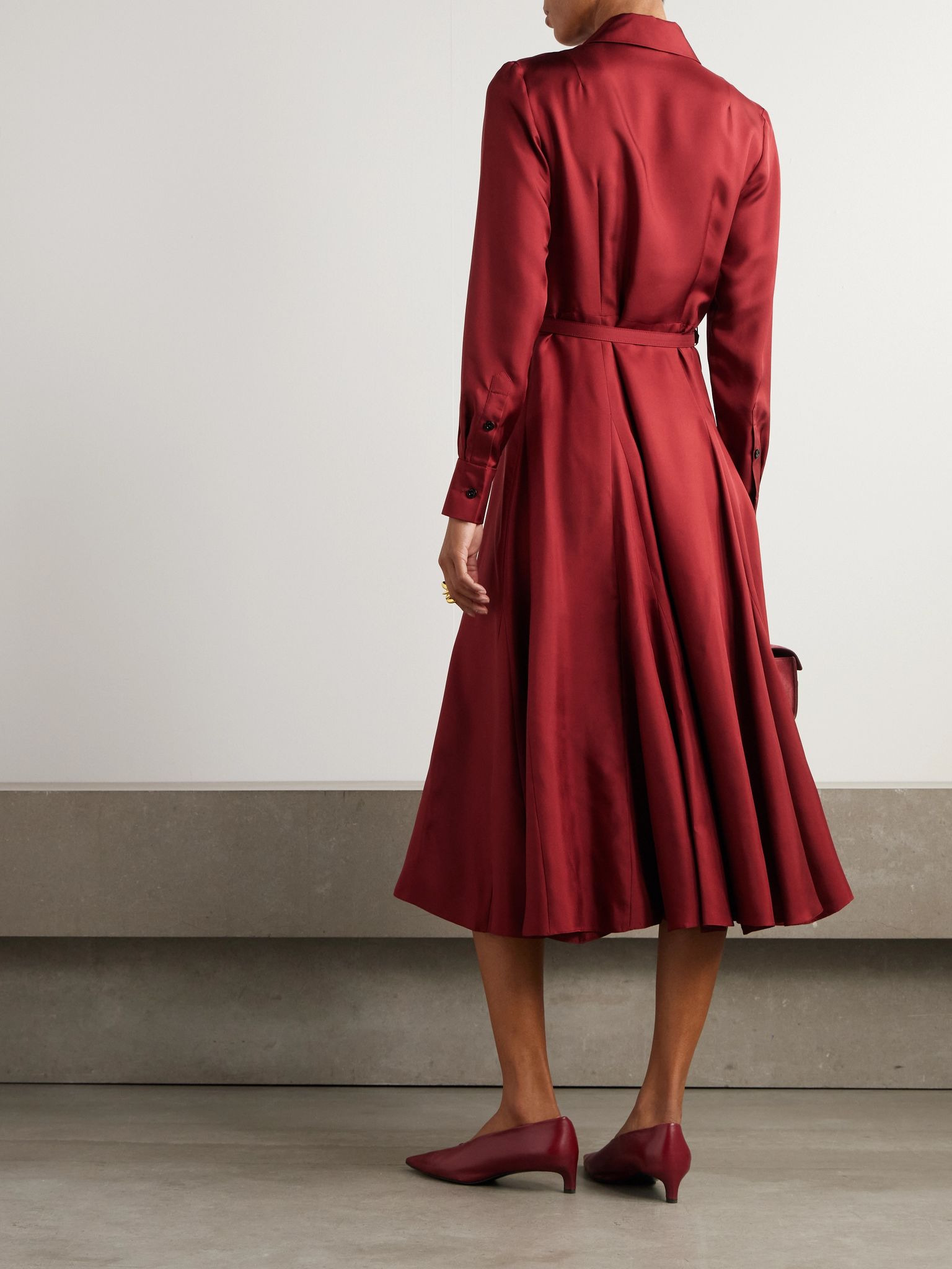 Belted silk-twill midi shirt dress Burgundy - 3