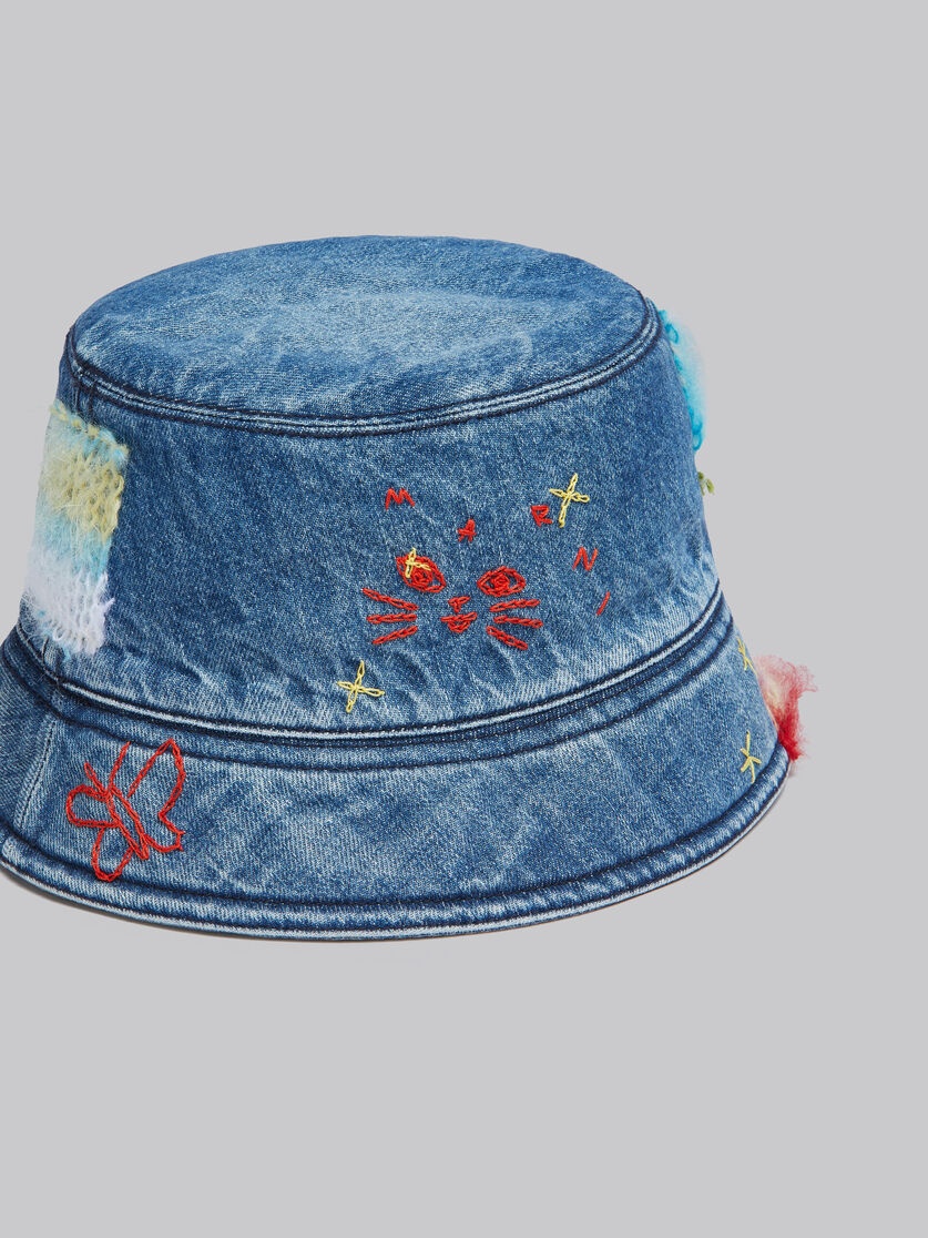 BLUE ORGANIC DENIM BUCKET HAT WITH MOHAIR PATCHES - 4