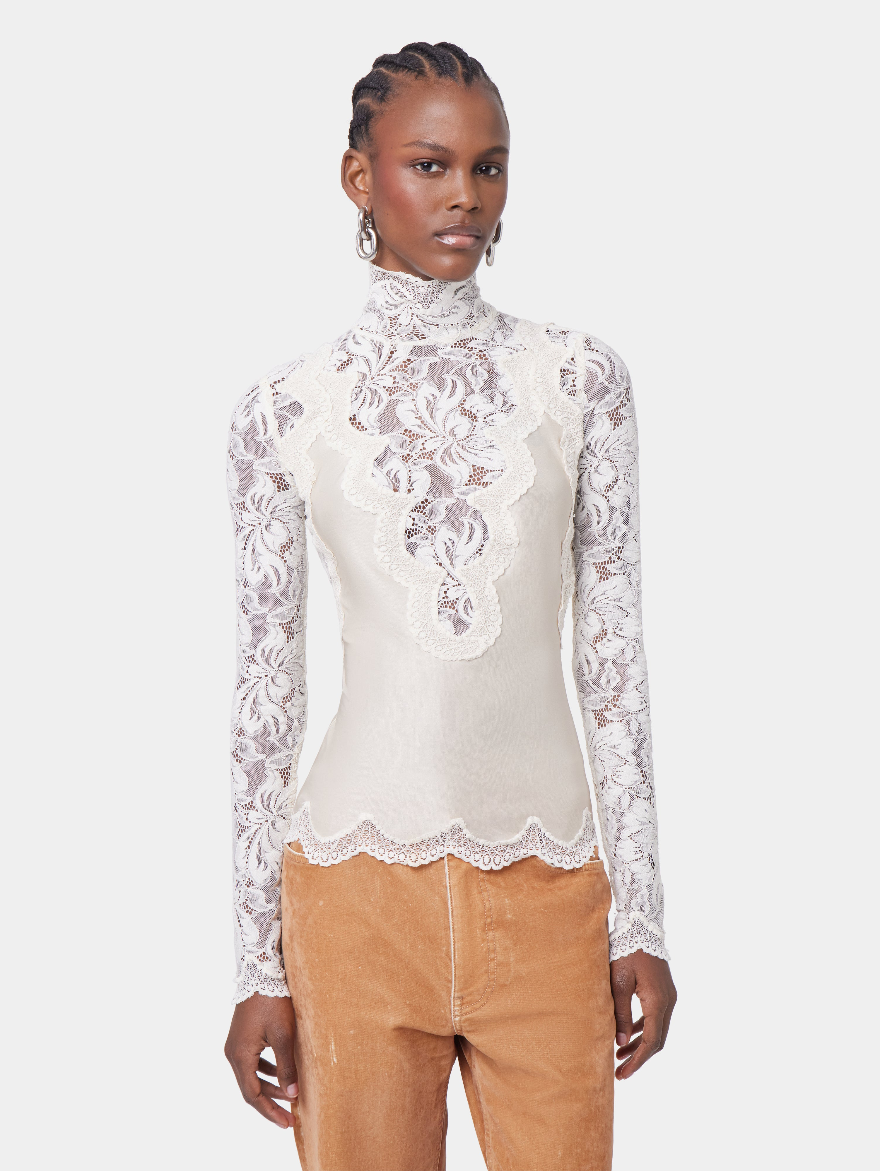 IVORY LONG SLEEVE TOP IN LACE AND JERSEY - 2