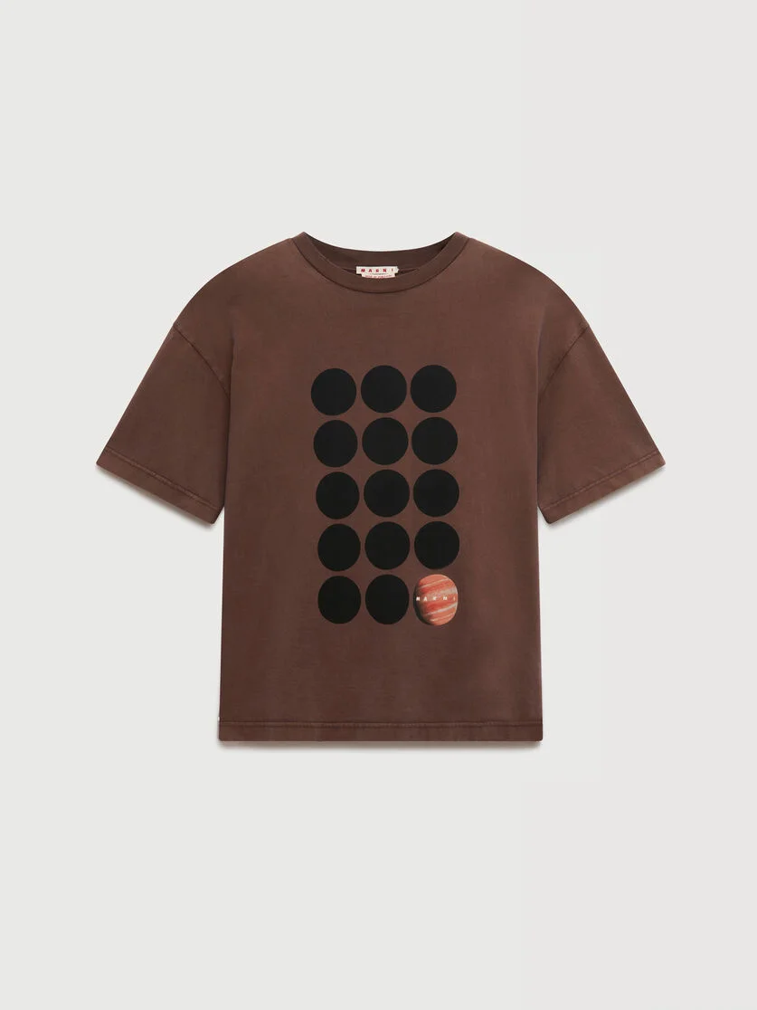 BROWN COTTON T-SHIRT WITH PLANET PRINT - 1