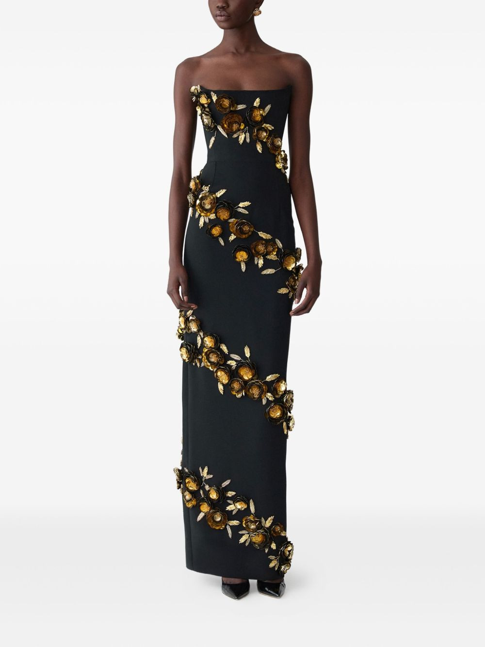 floral-appliqué strapless gown - 2
