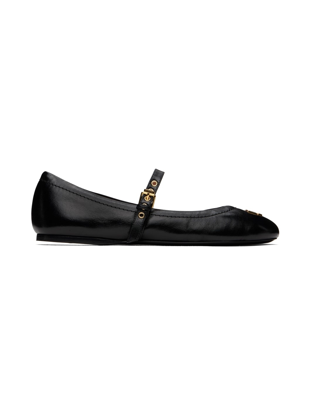 Black Metal Logo Shiny Calfskin Ballerina Flats - 1