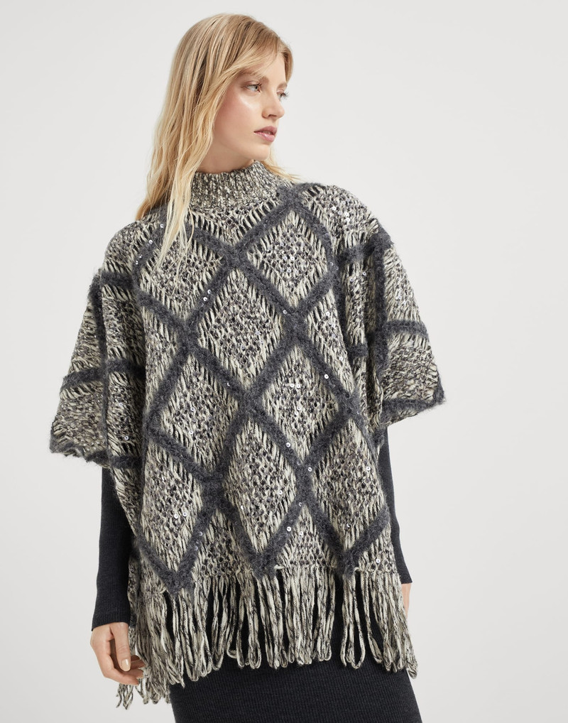 Wool and alpaca knit poncho with dazzling macro argyle embroidery - 1