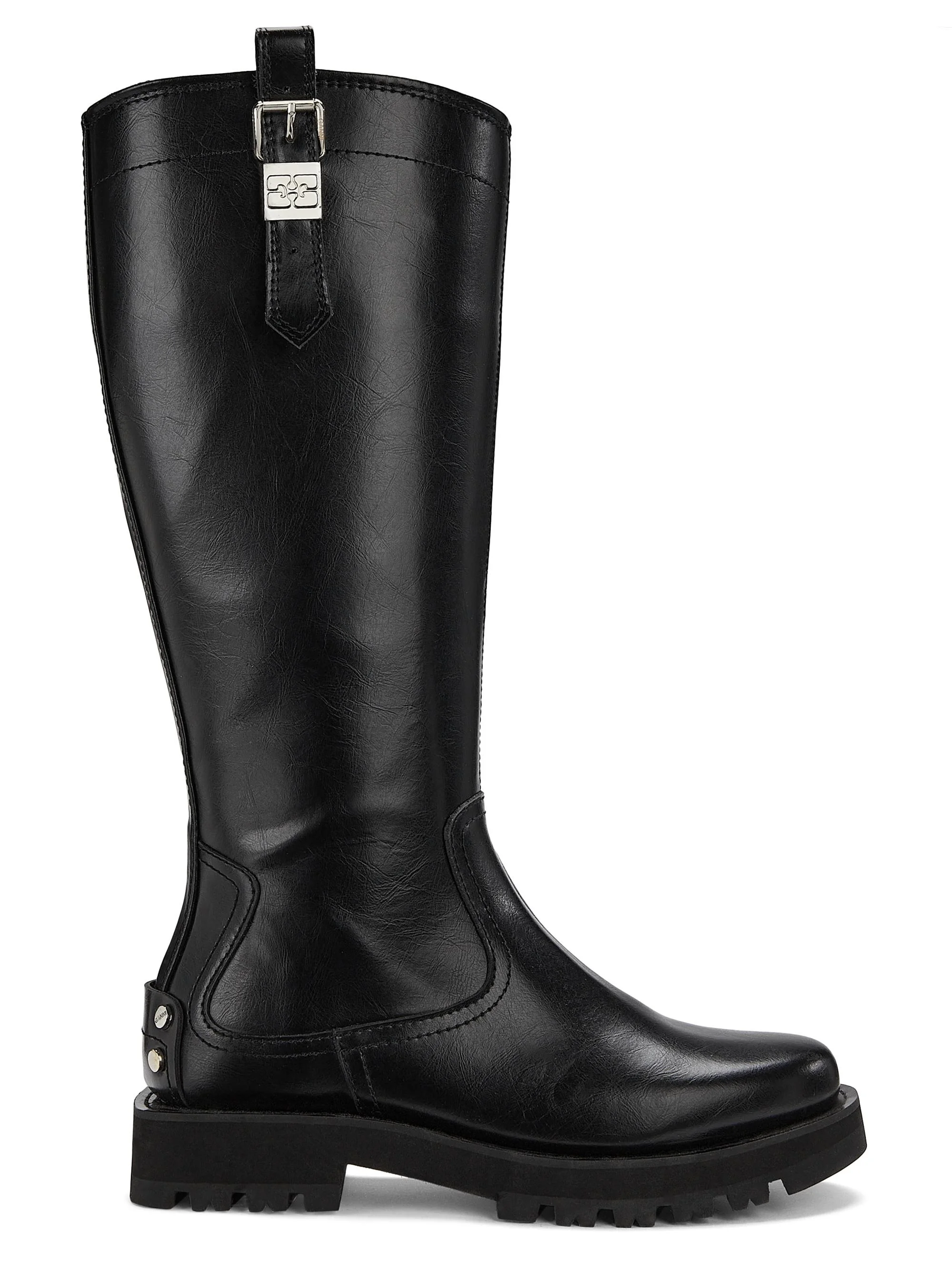 Women's Studs Crinkle Faux-Leather High Boots - Black - 1