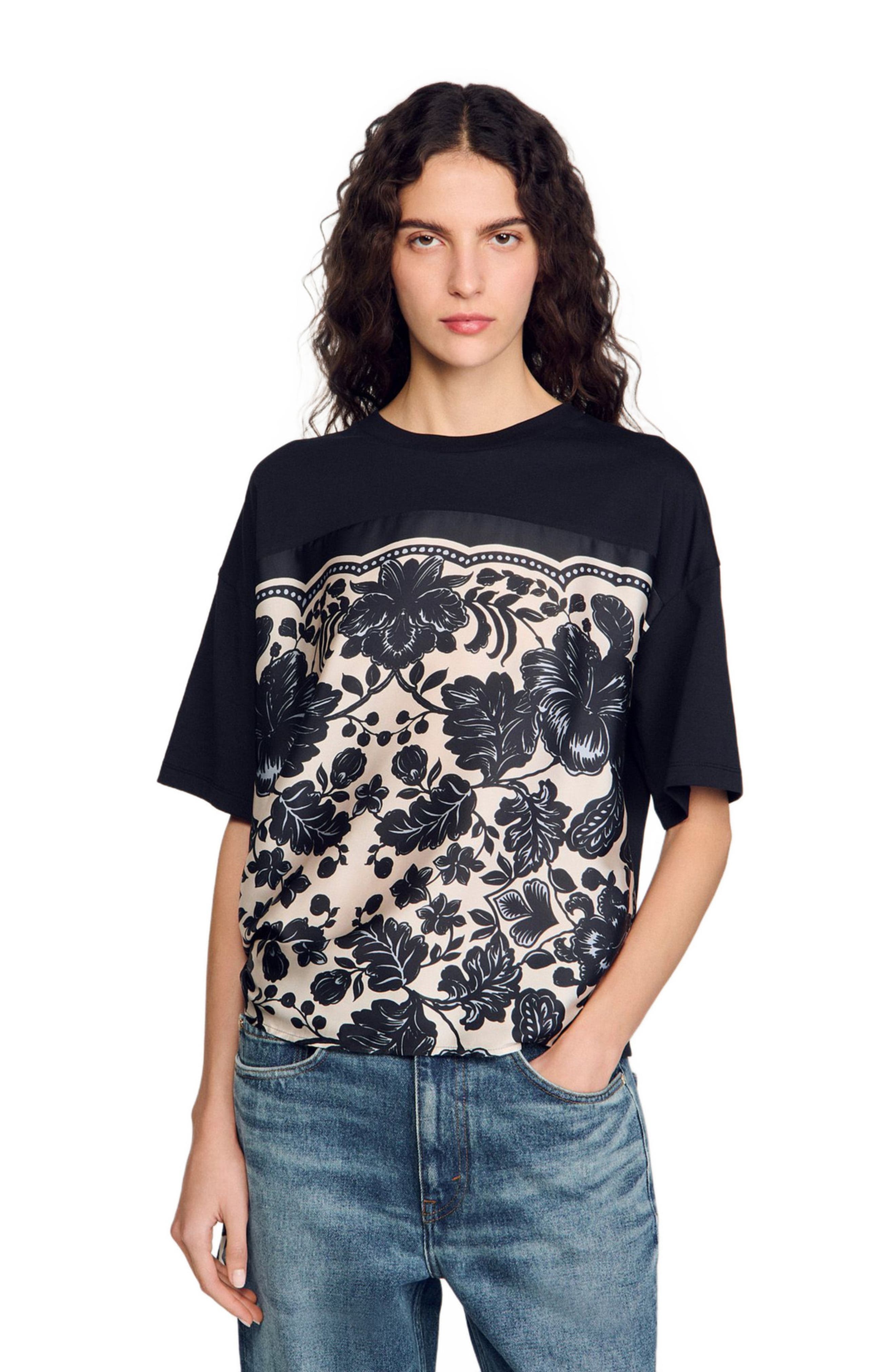 SANDRO Floral motif T-shirt in Ecru /Black at Nordstrom - 1