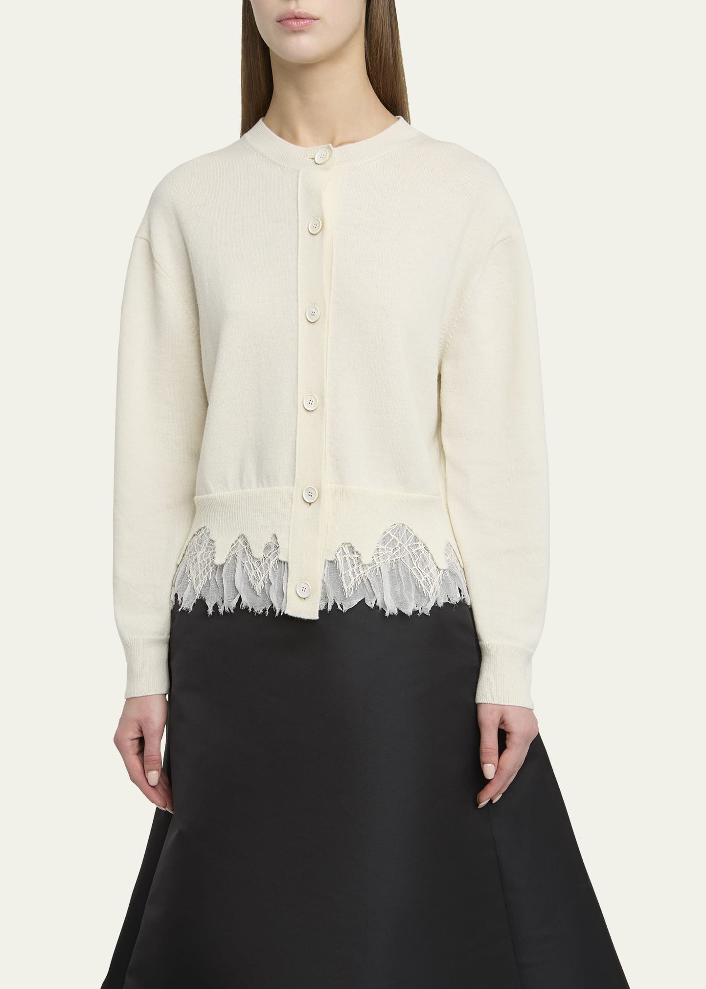 Lace-Hem Cashmere Crewneck Cardigan - 4