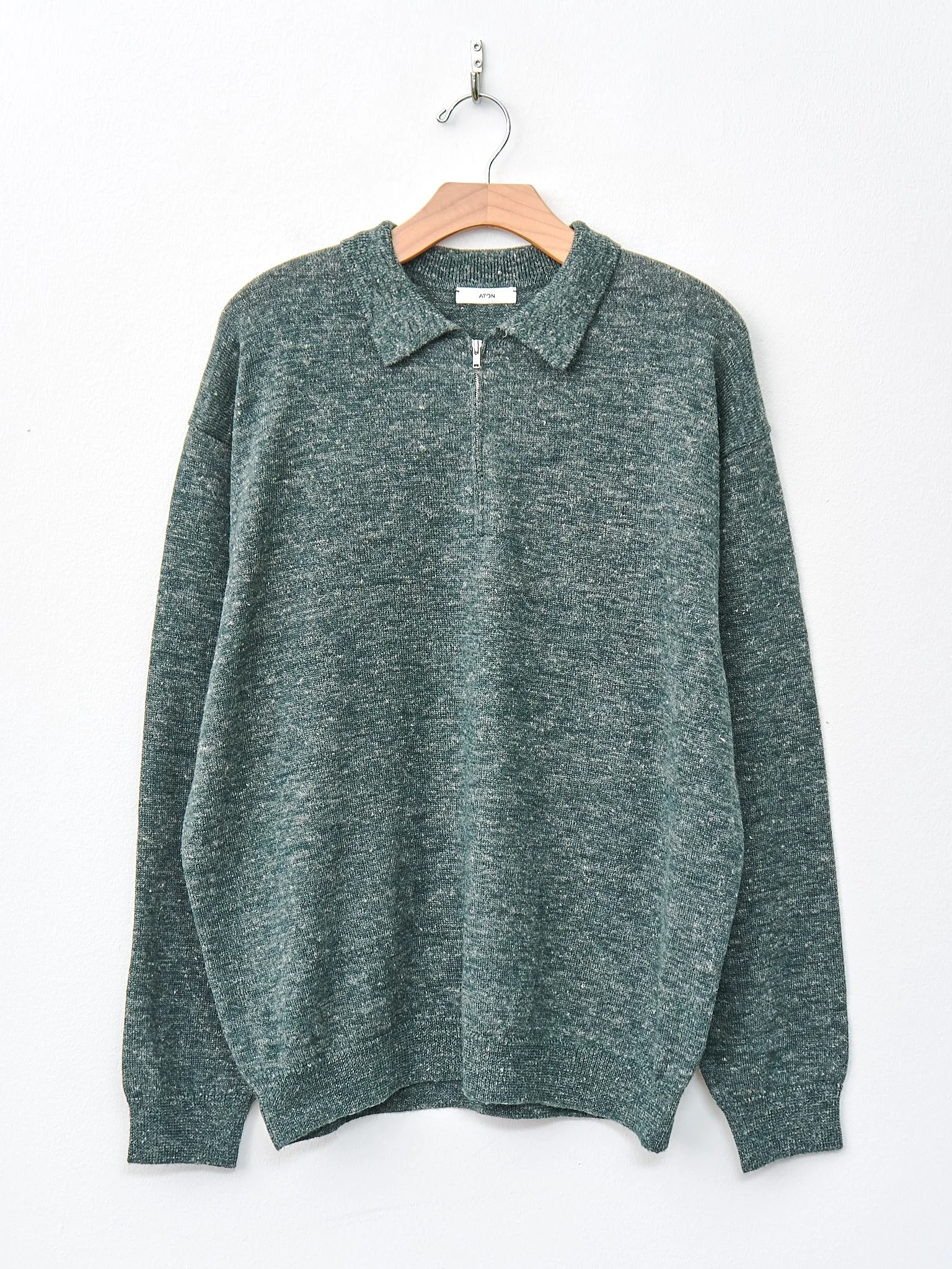 Baby Alpaca Linen Zip Up Polo Sweater - Green - 1