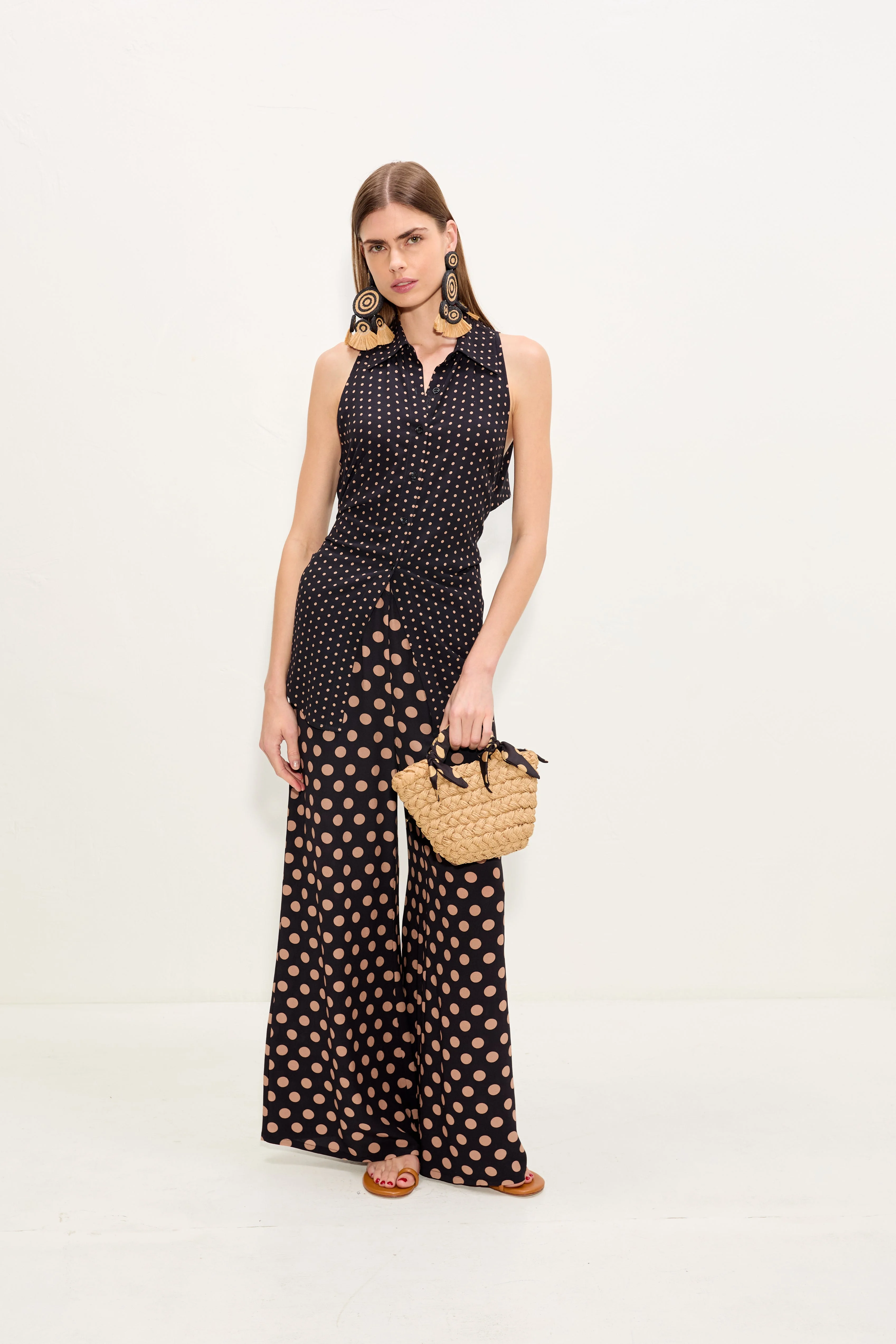 Loch Sleeveless Crepe Button Up In Black/Tan Polka Dot - 1