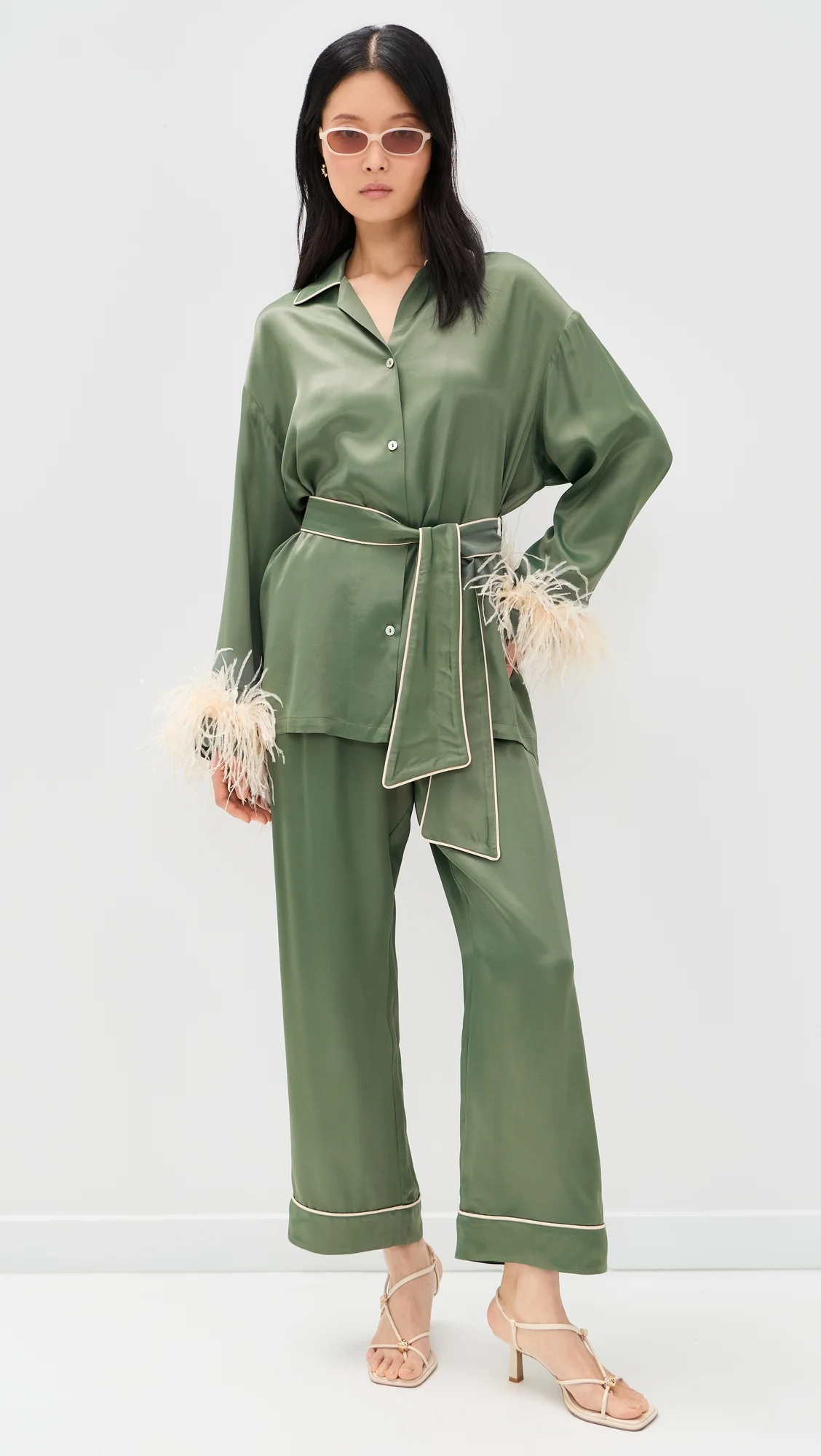 Miss Cat Belted Pajama Set with Detachable Feathers - 1