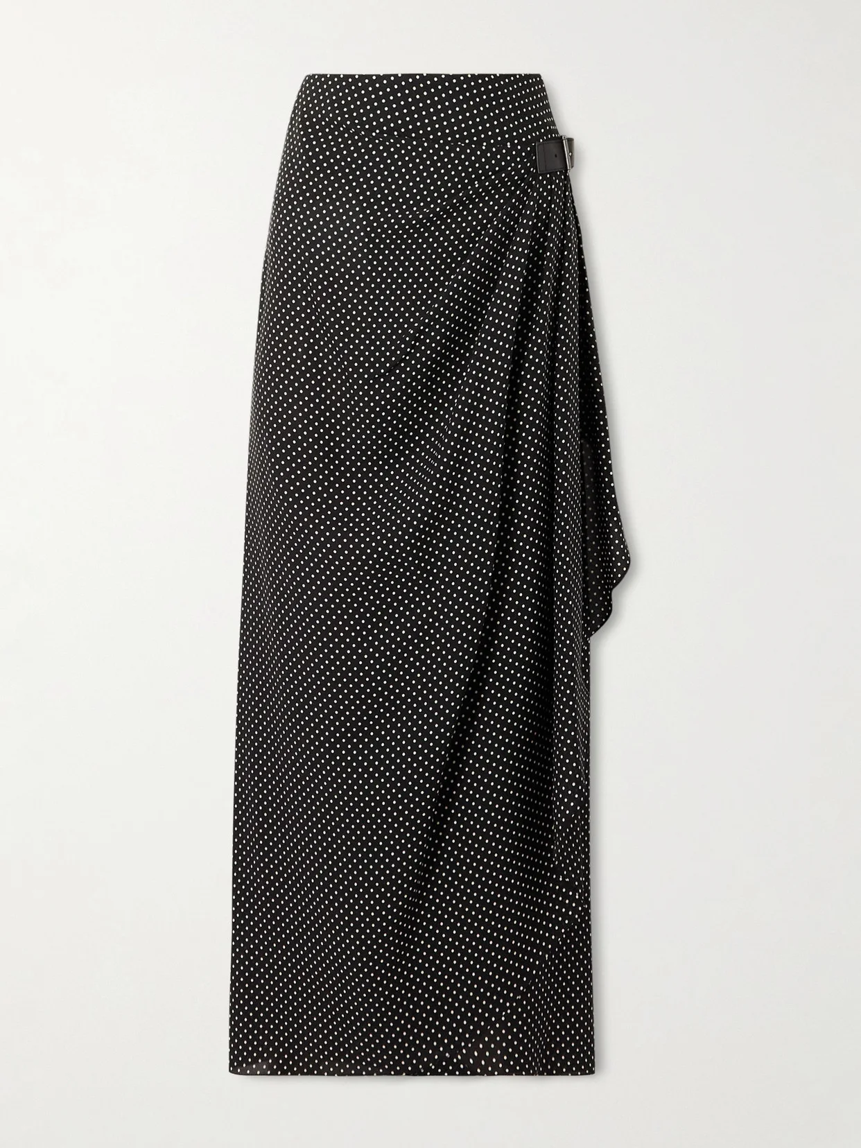 Buckle-detailed Wrap-effect Draped Polka-dot Silk-chiffon Midi Skirt - 1