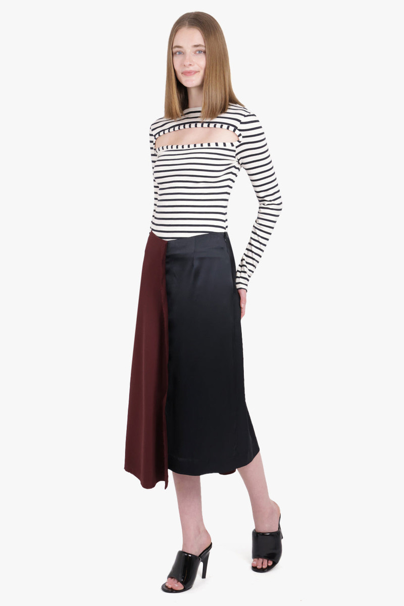 Plan C LAYERED CONTRAST MIDI SKIRT | BURGUNDY/BLACK outlook