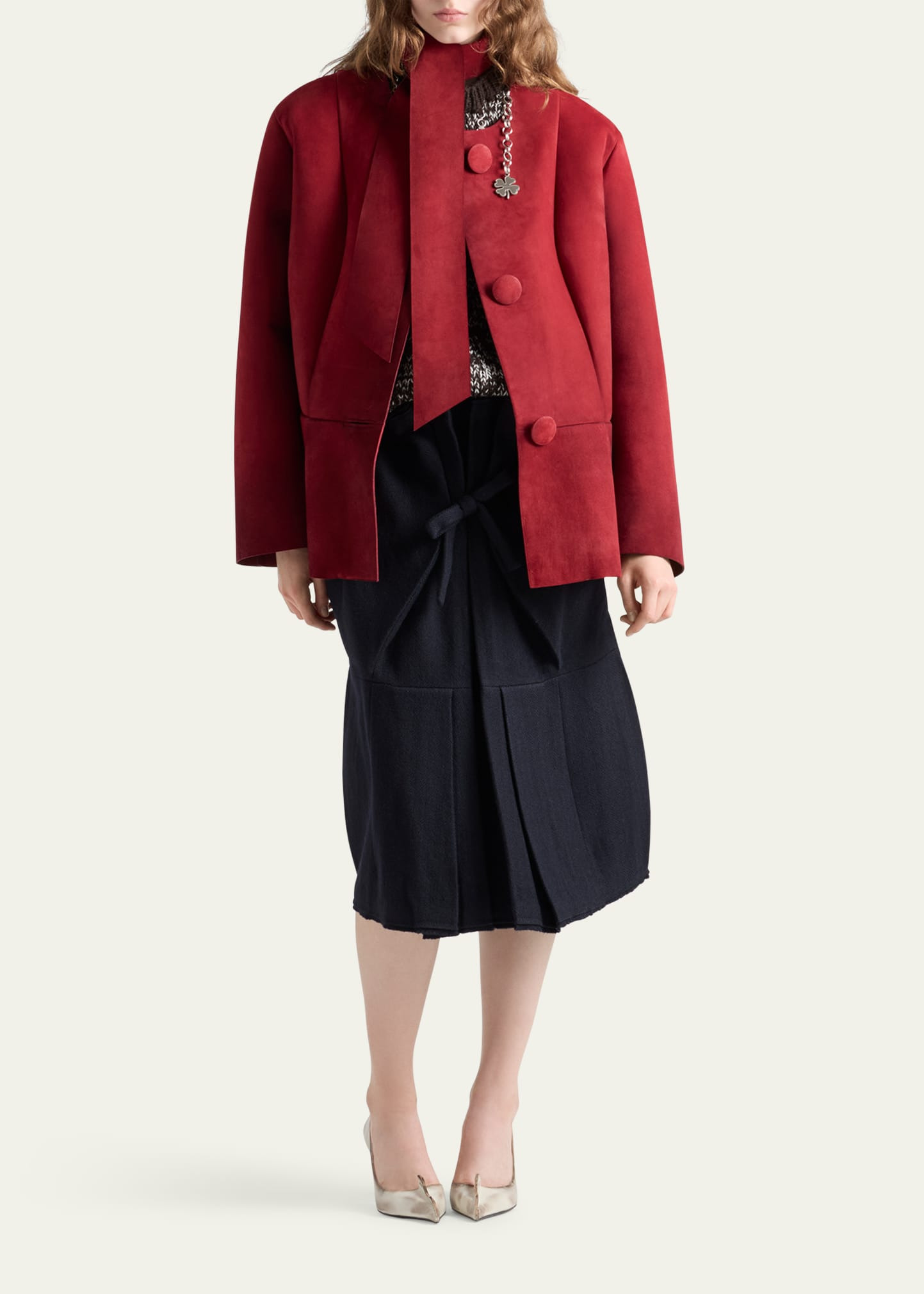 Suede Single-Breasted Coat With Scarf - 2