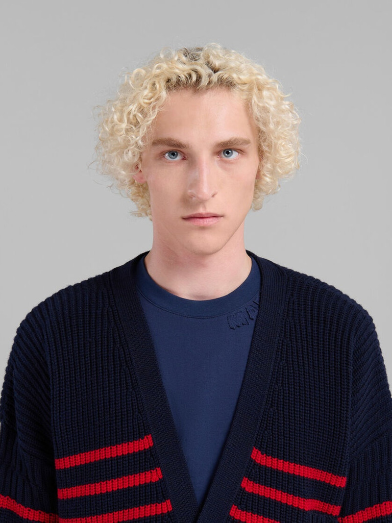 BLUE WOOL AND COTTON STRIPED FISHERMAN CARDIGAN 4