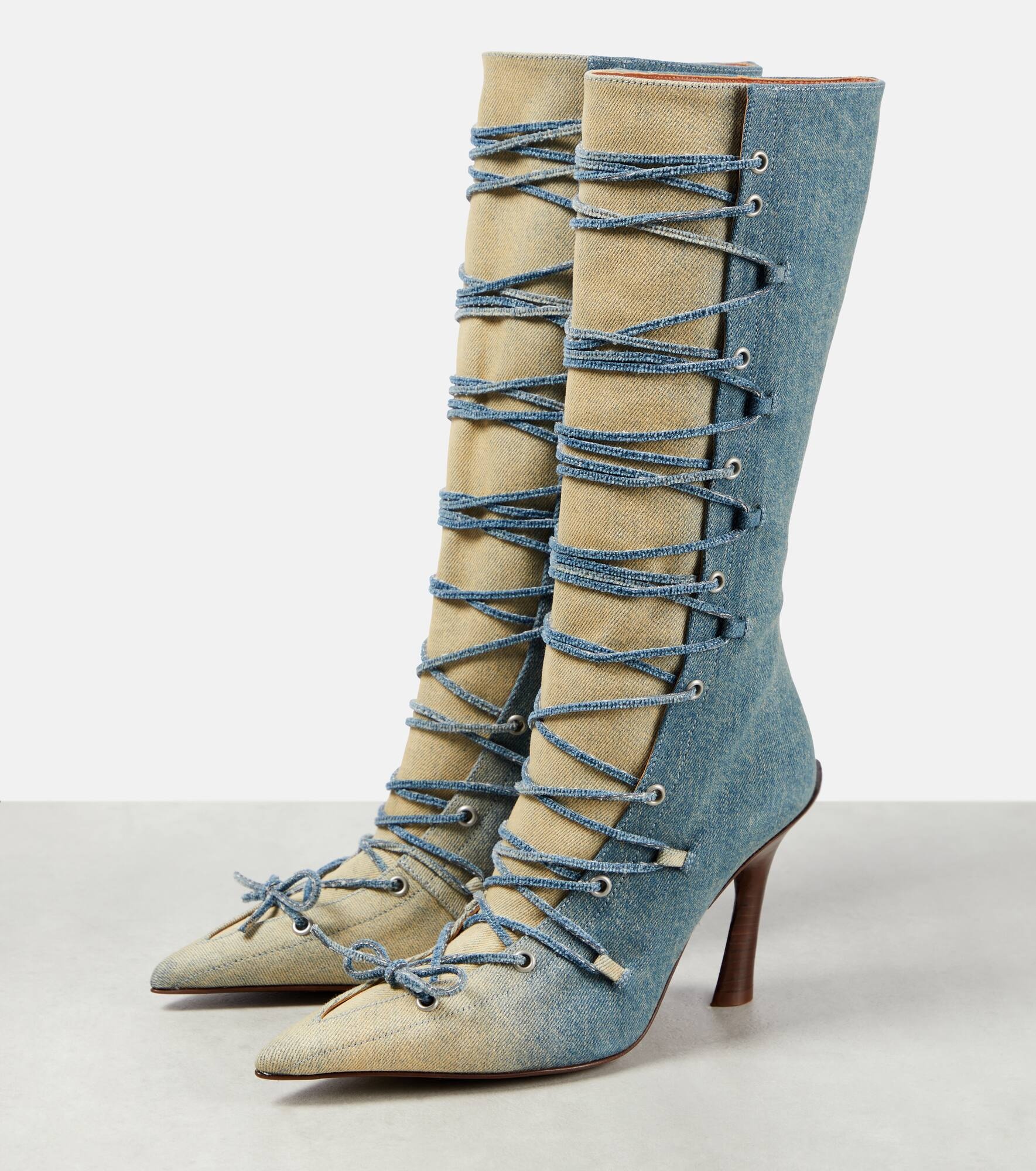 Bitten denim knee-high boots - 5