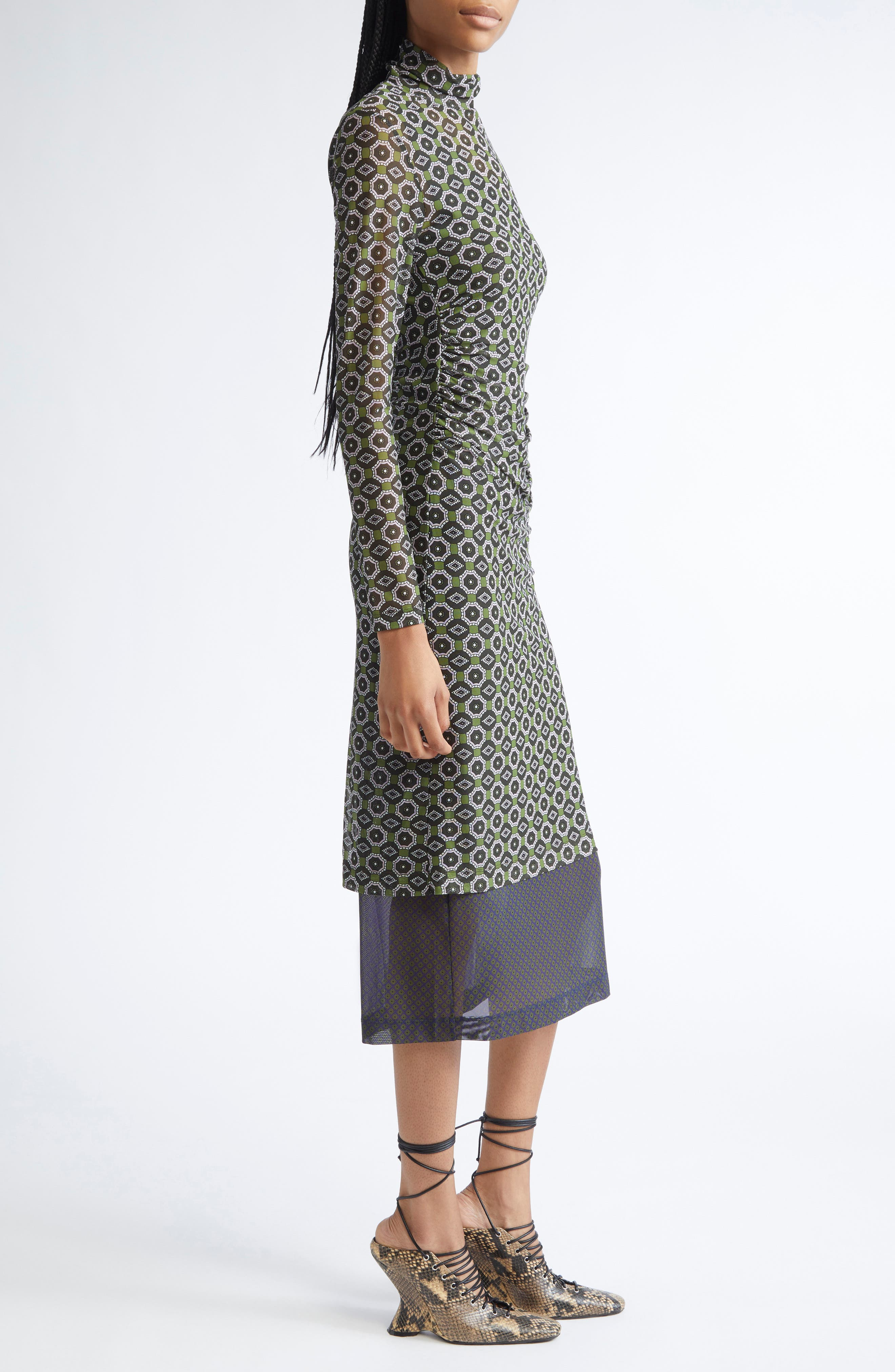 Dries Van Noten Hofes Tie Print Layered Long Sleeve Mesh Midi Dress in Green at Nordstrom - 3