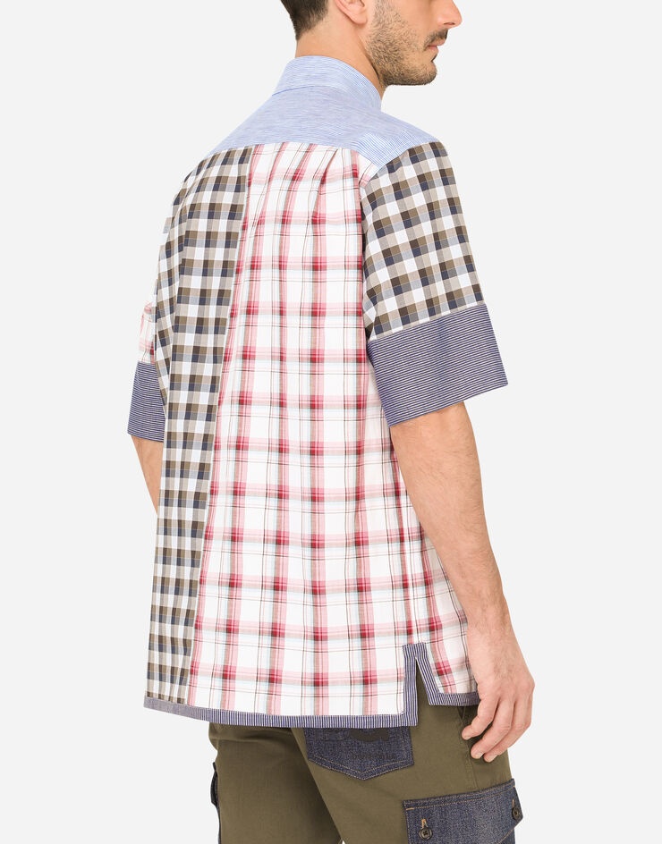 Short-sleeved mixed-fabric patchwork shirt - 5