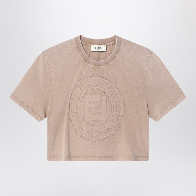 Fendi Beige Washed-Out Cropped T-Shirt With Logo Women - 1