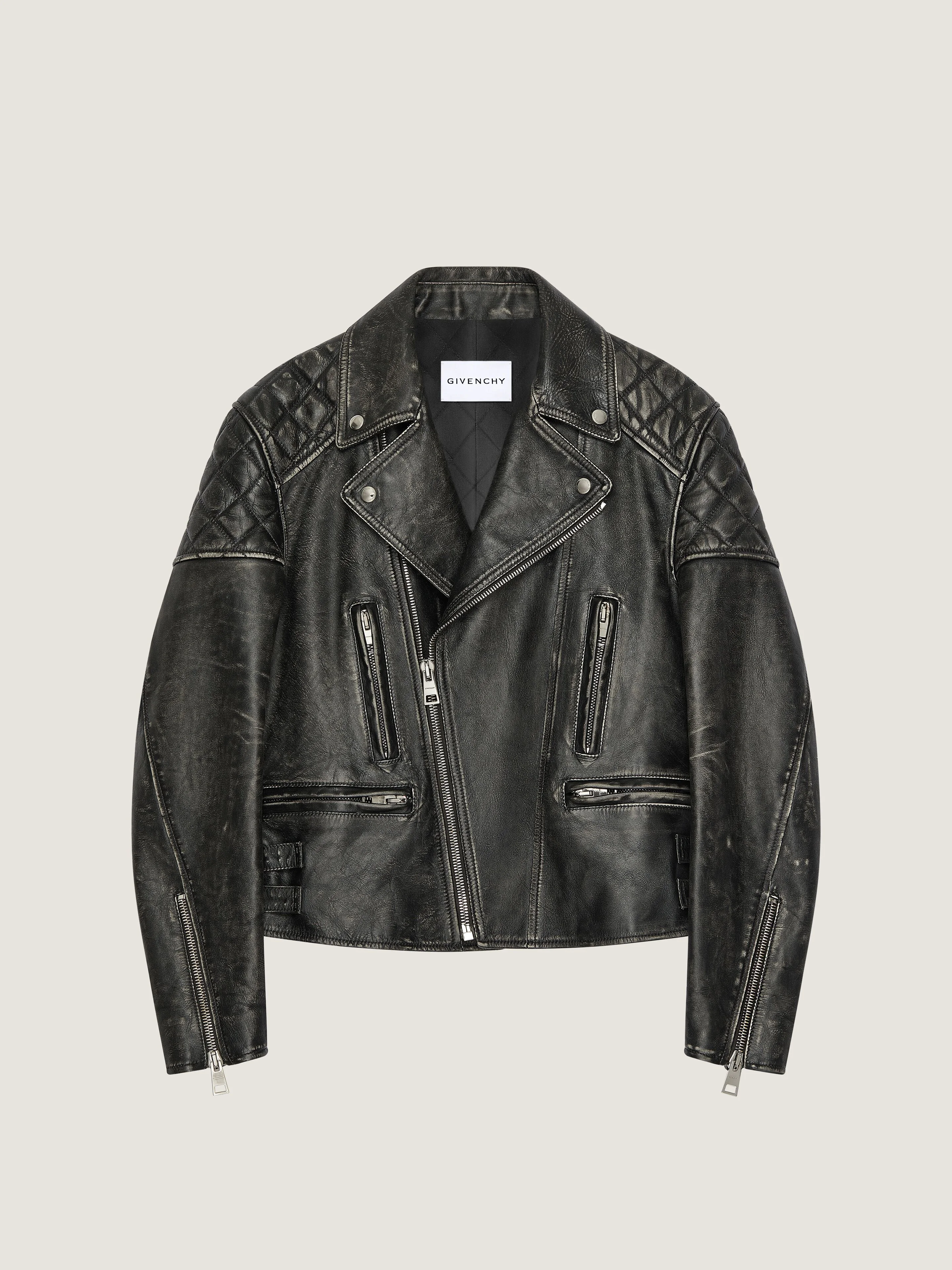 ZIPPED BIKER BLOUSON IN LEATHER WITH SUNFLOWER PRINT - 1