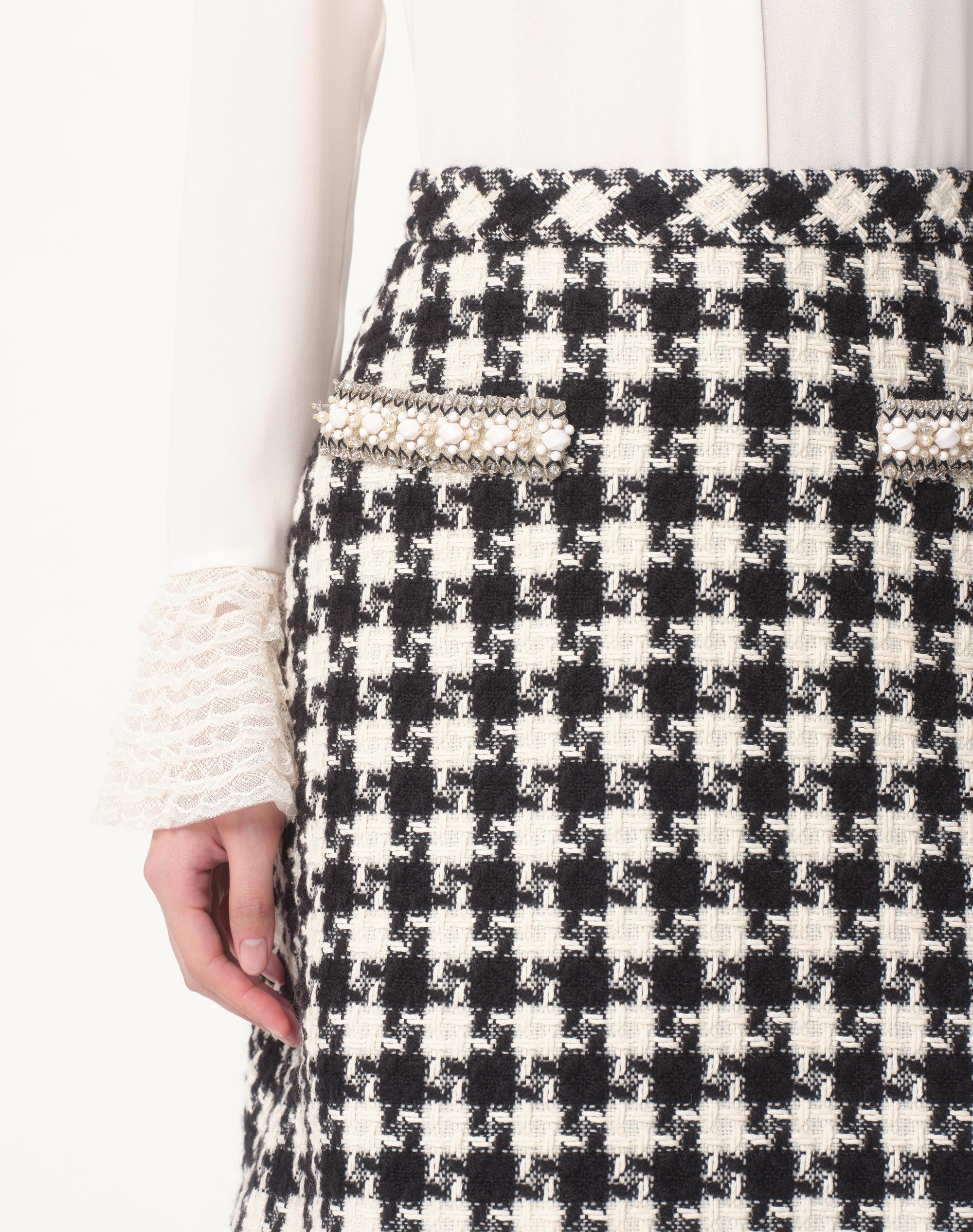 EMBROIDERED DAMIER LIGHT TWEED SKIRT - 4