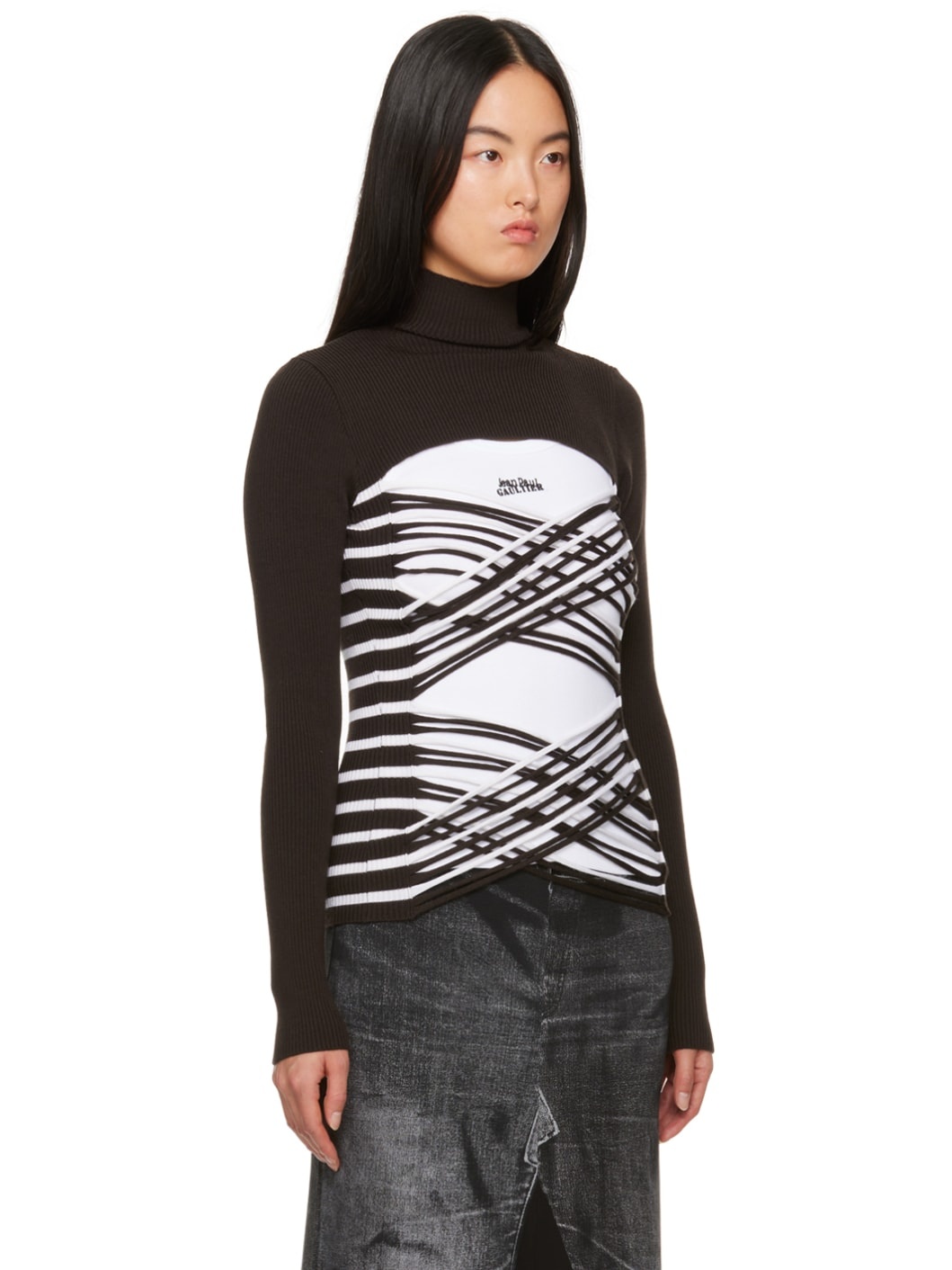 Brown & White Striped Turtleneck - 2