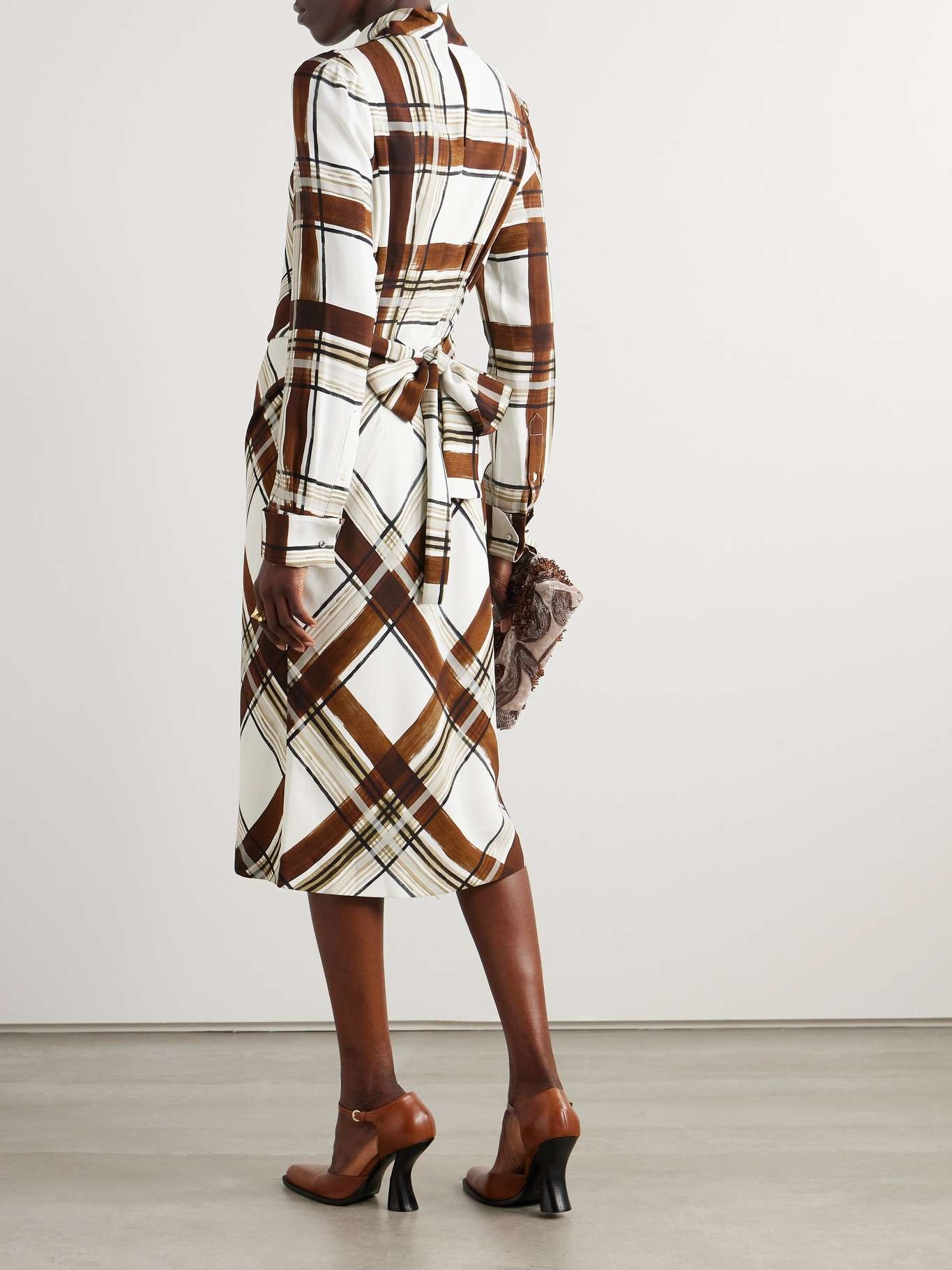 Belted checked crepe turtleneck midi dress - 3