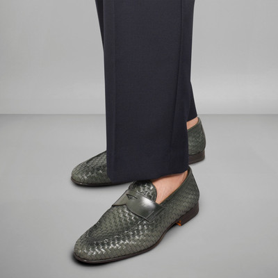 Santoni Men's green woven leather loafer outlook