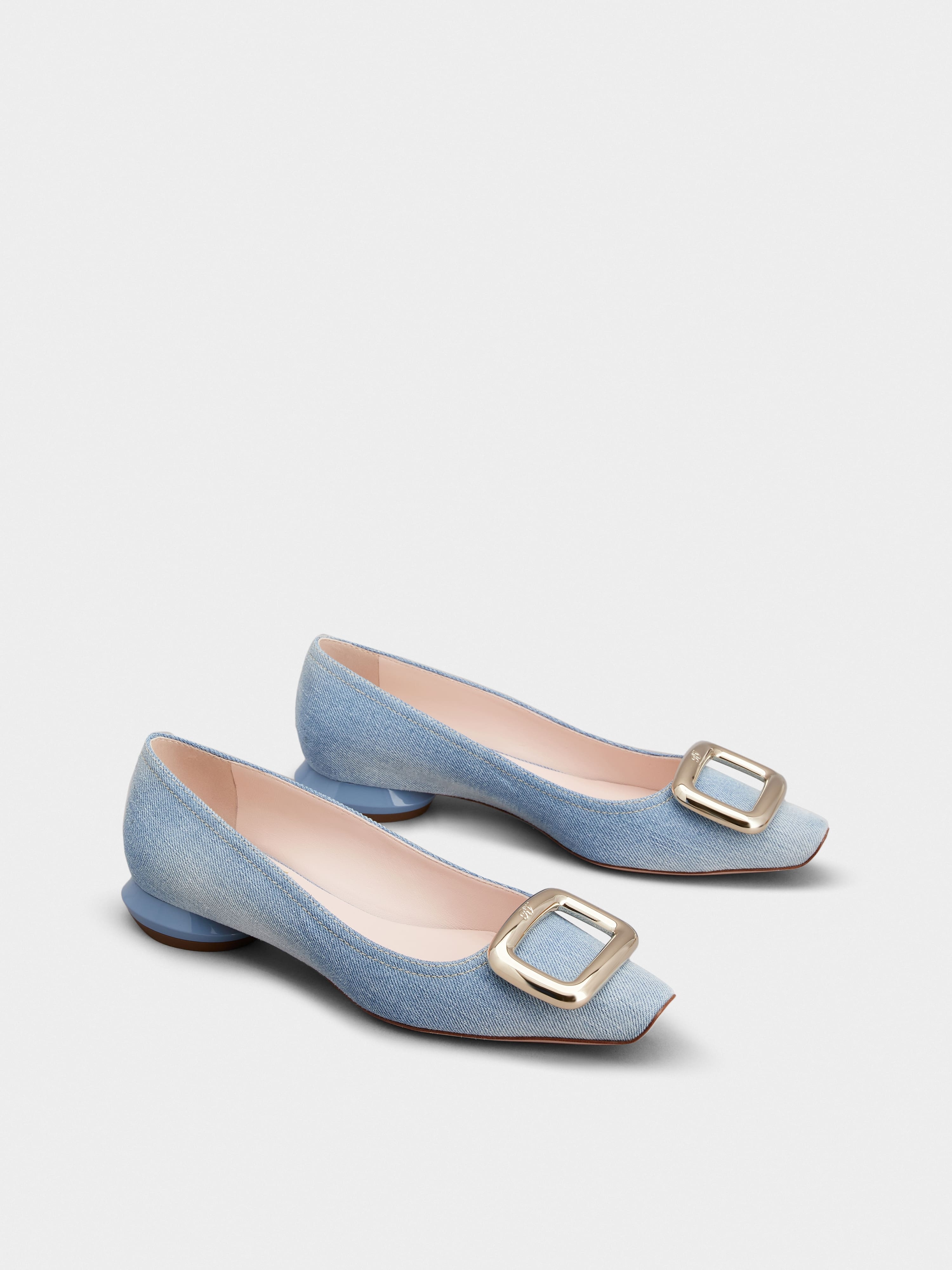 Viv' Choc Metal Buckle Ballerinas in Denim - 2