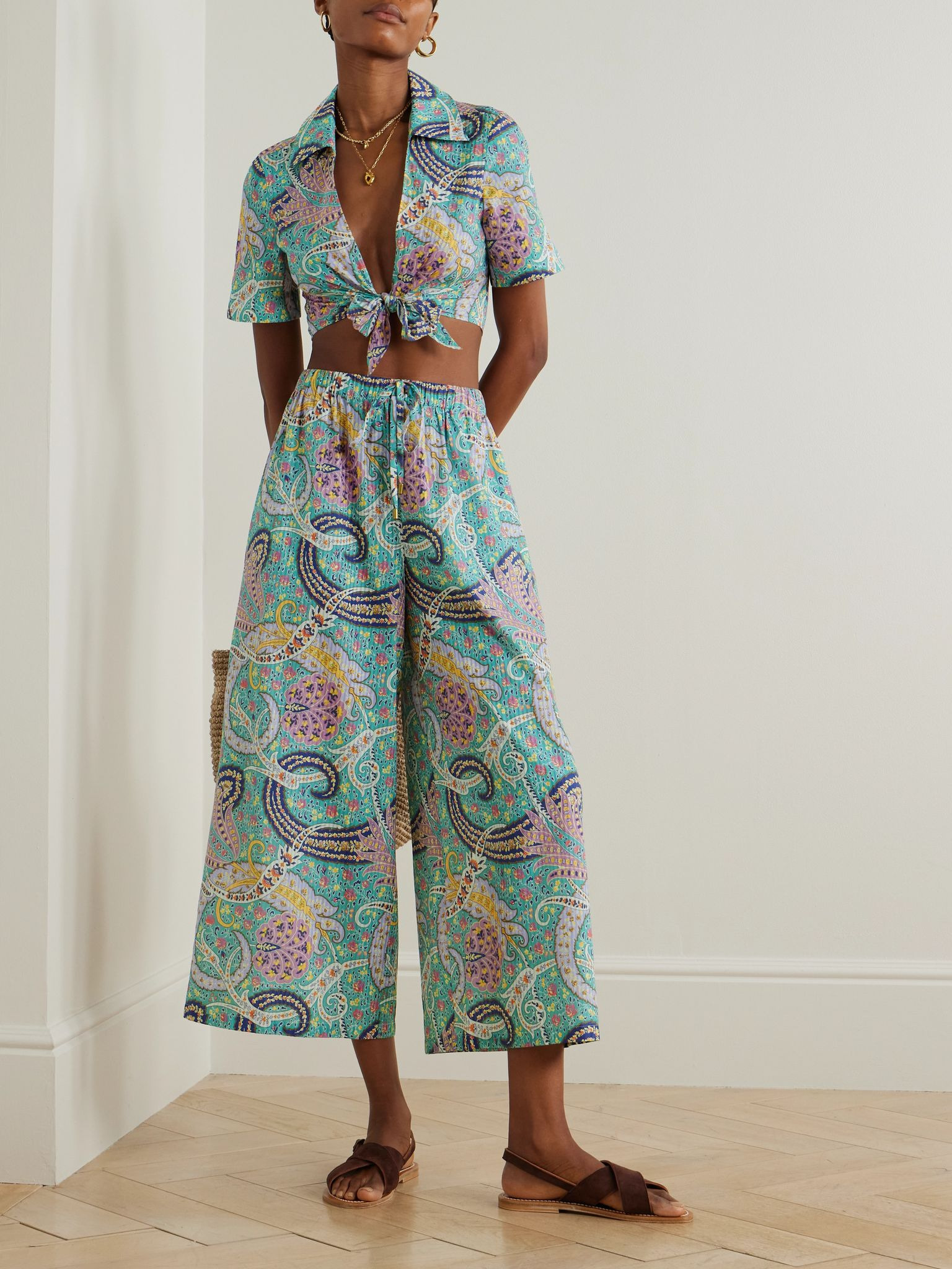 Paisley-print cotton and silk-blend voile wide-leg pants Light blue - 2
