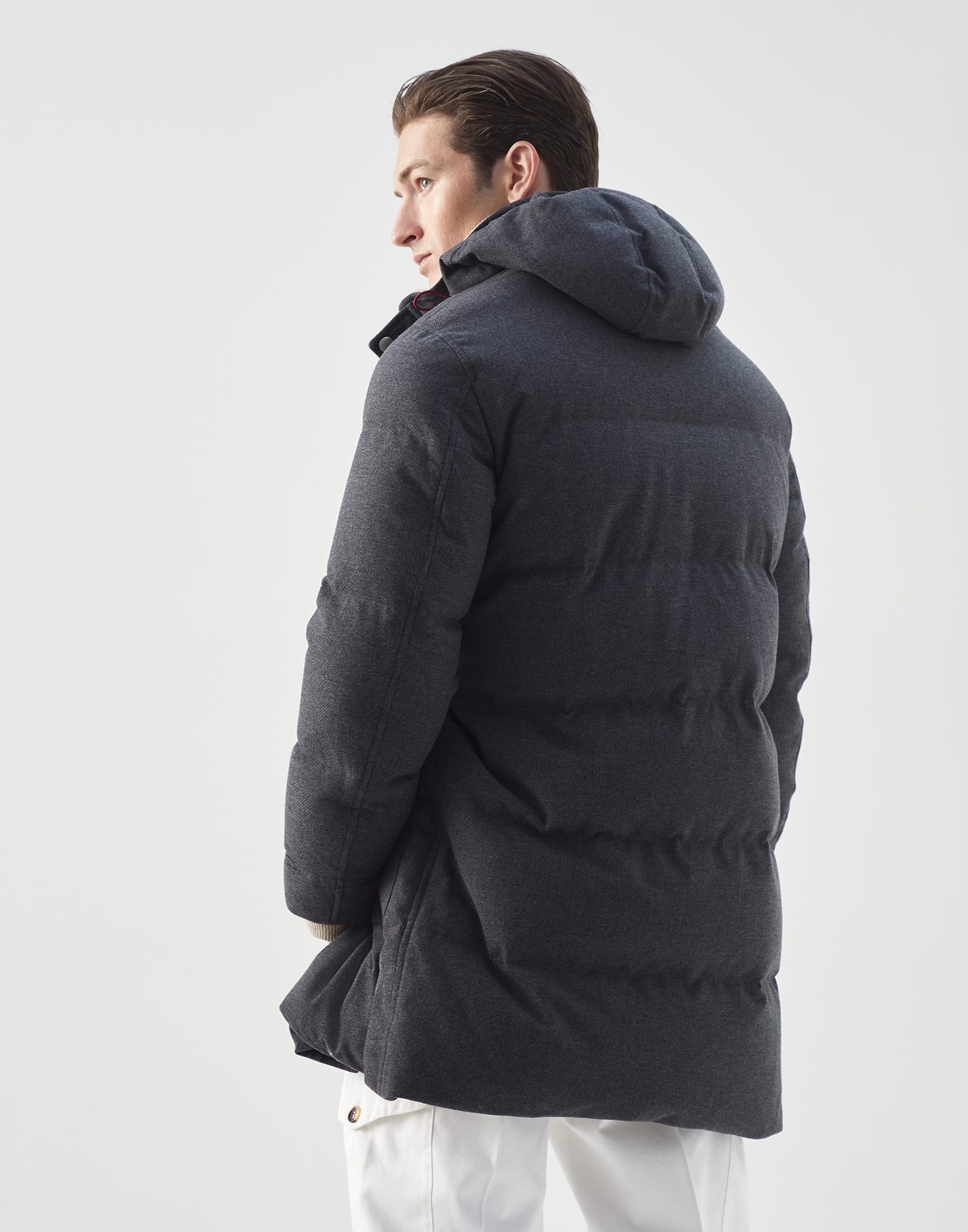 Wool, silk and cashmere bonded diagonal long down coat with detachable hood - 2