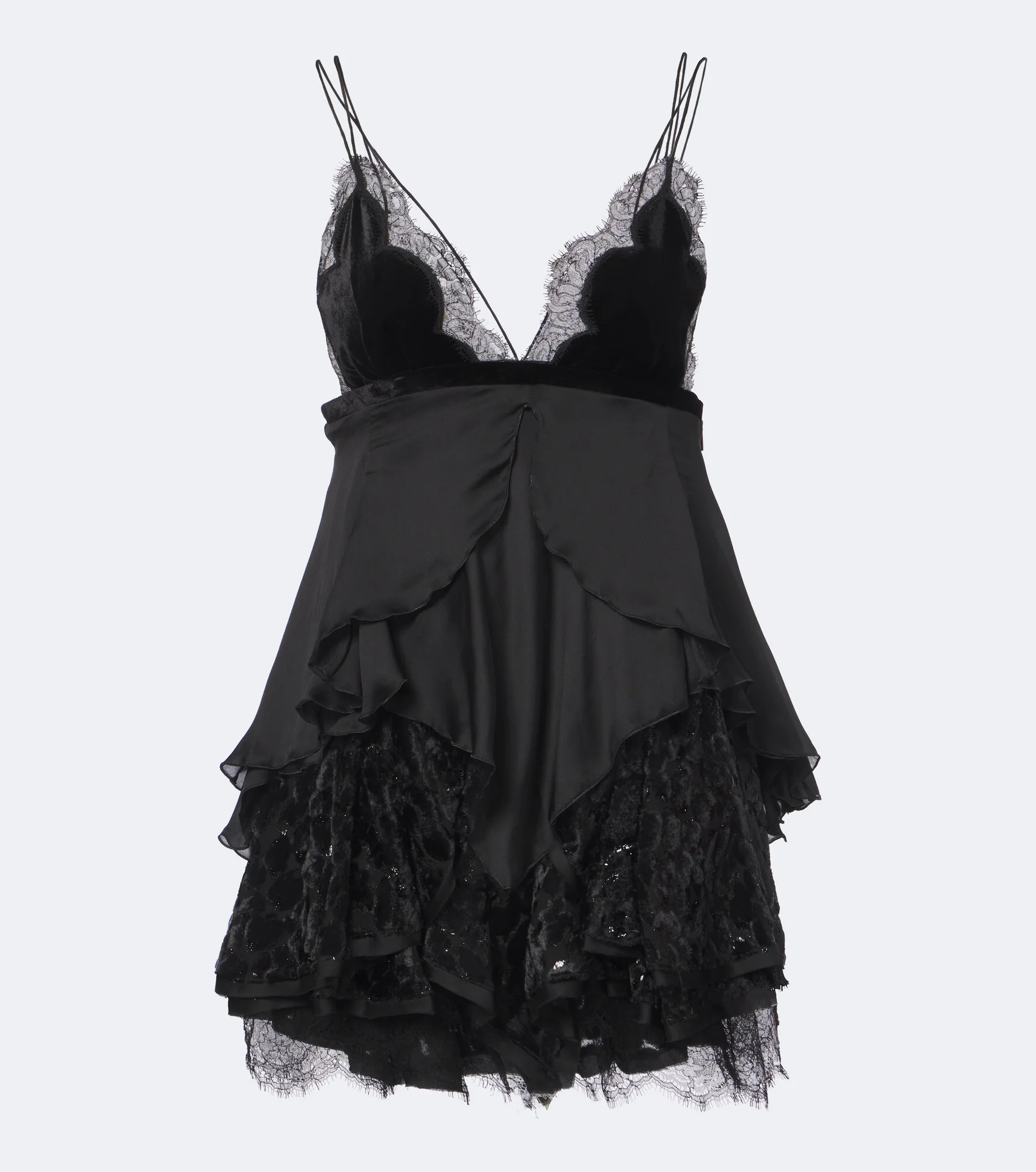 Lace-trimmed ruffled silk minidress - 1