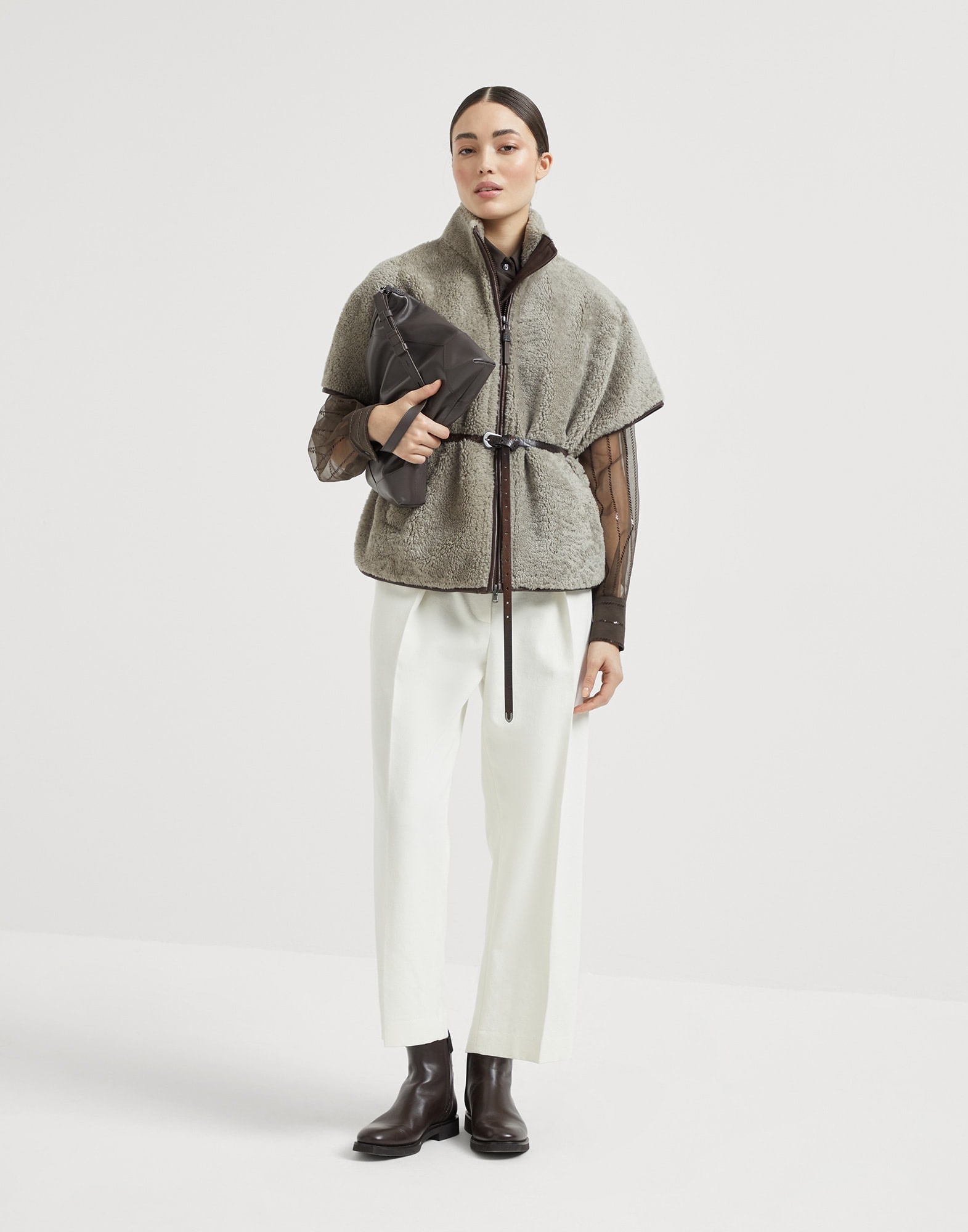 Curly shearling short sleeve outerwear jacket with shiny zipper pull - 5