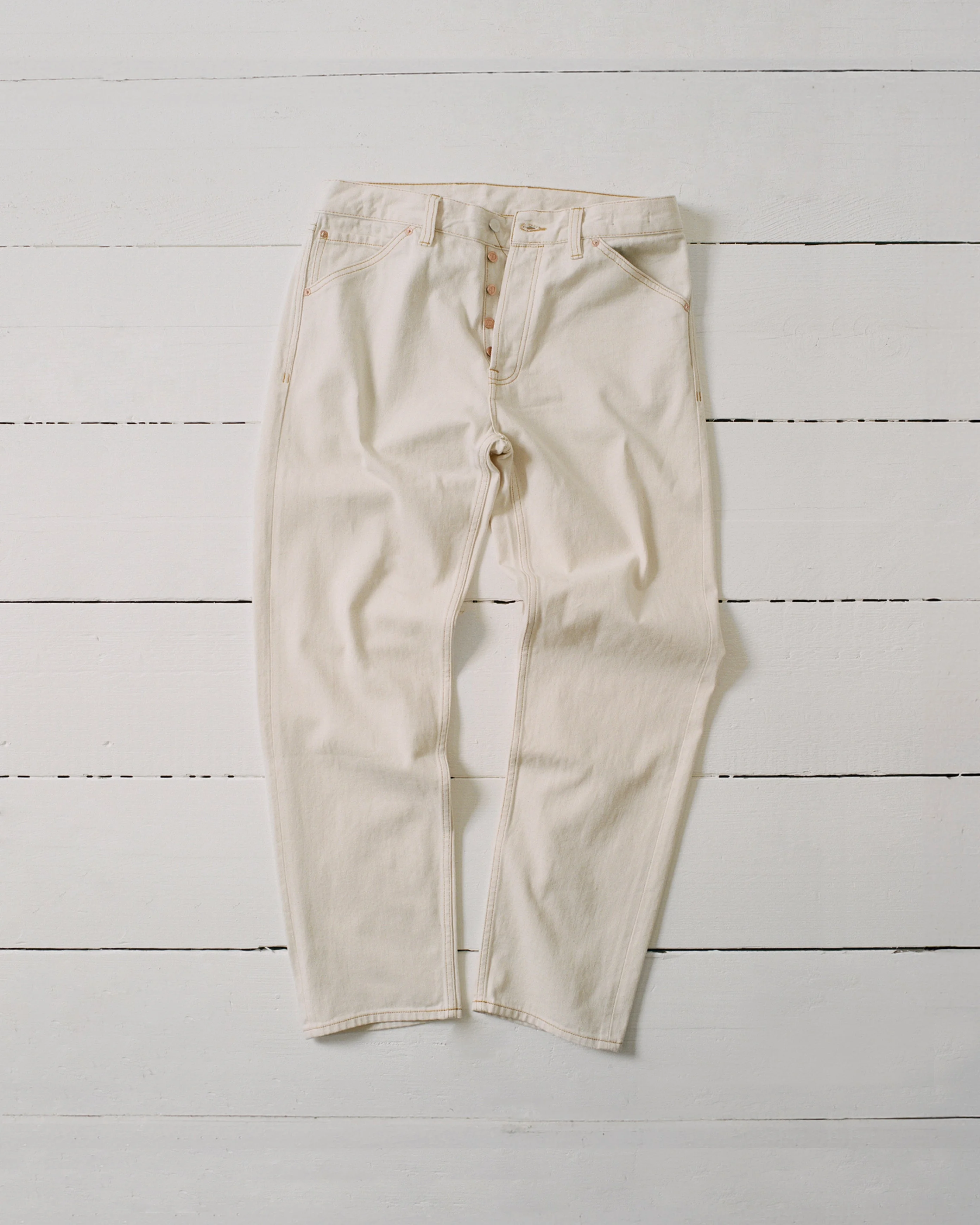 Ecru 12.7oz Selvedge Denim Contrast Stitch Five-Pocket Jeans - 1