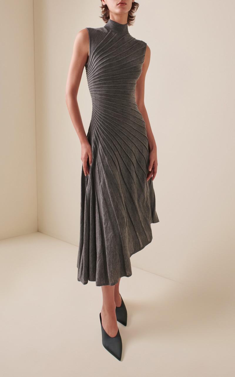 Alaïa Ray Asymmetric Wool Midi Dress grey outlook