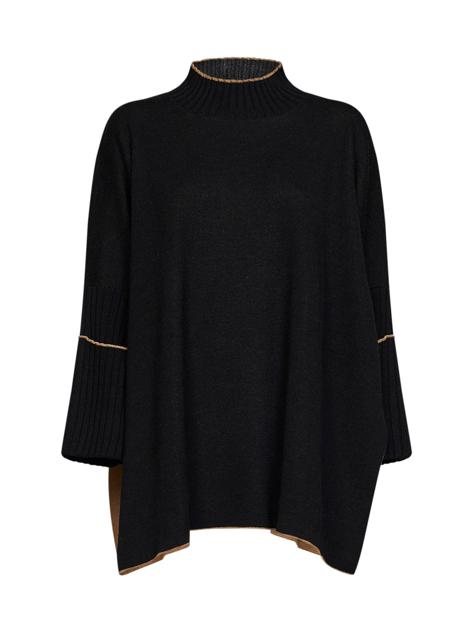 Black virgin wool knit poncho-style sweater - 1
