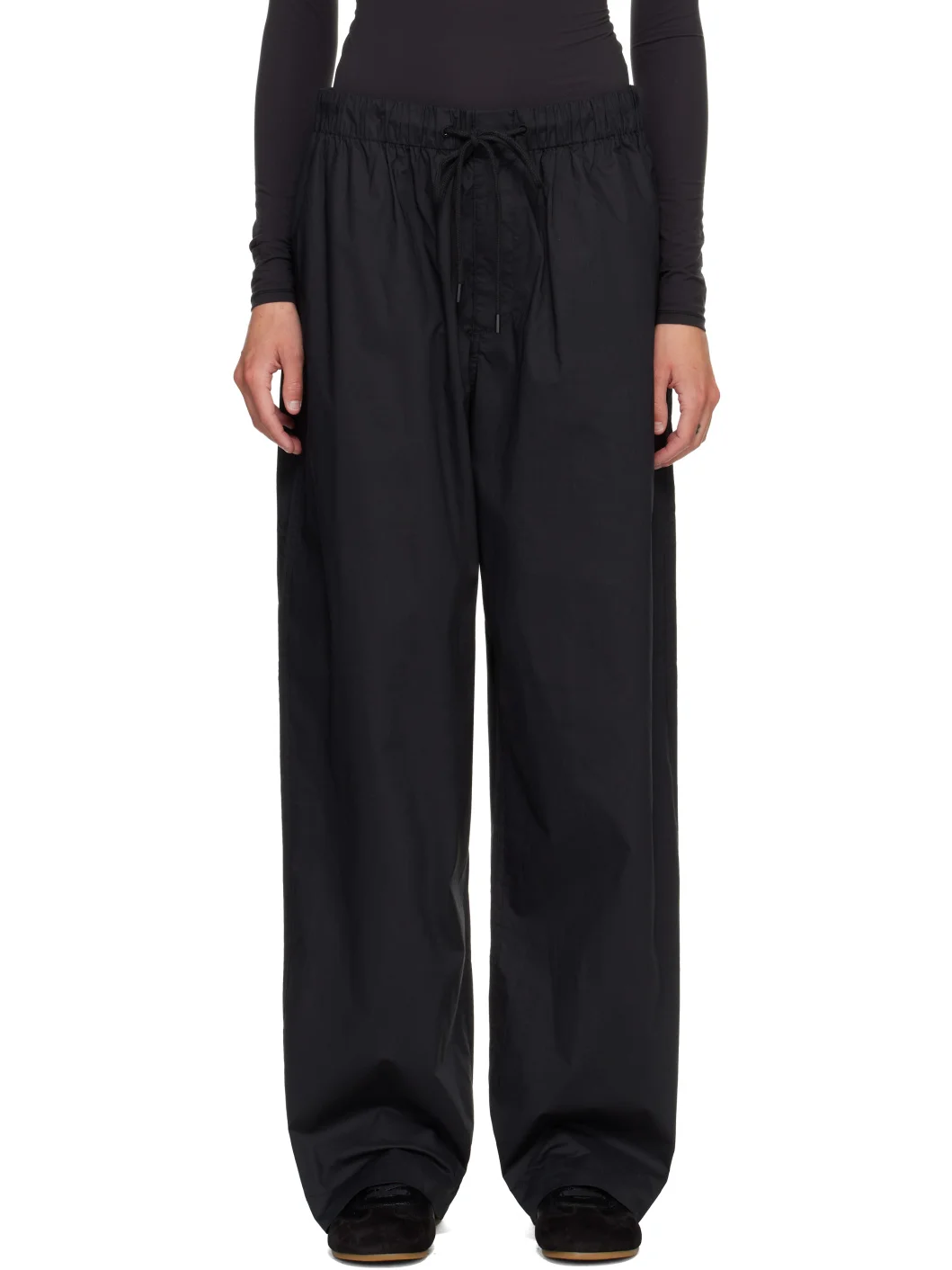 Black Woven Cotton Oversized Straight Leg Lounge Pants - 1