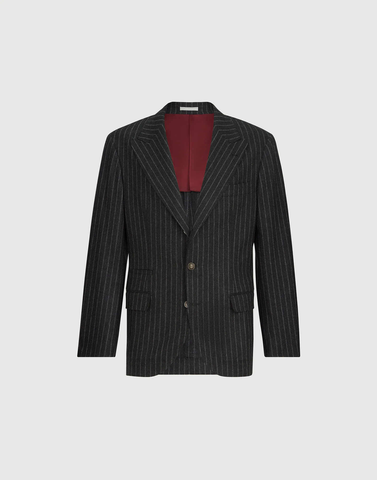 Virgin wool and cashmere chalk stripe flannel deconstructed blazer with large peak lapels and metal - 1