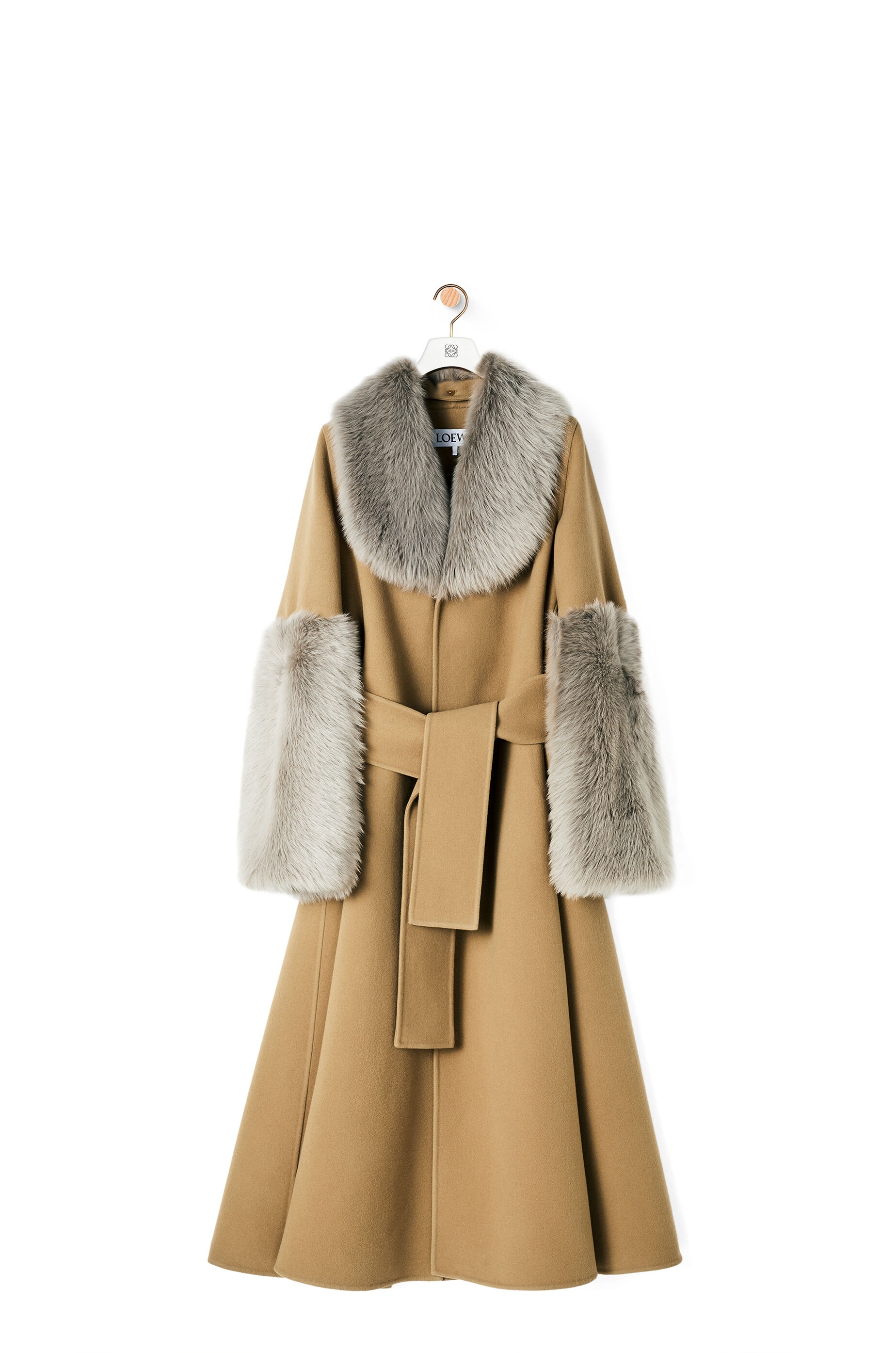 Shearling trim belted coat in wool and cashmere - 1