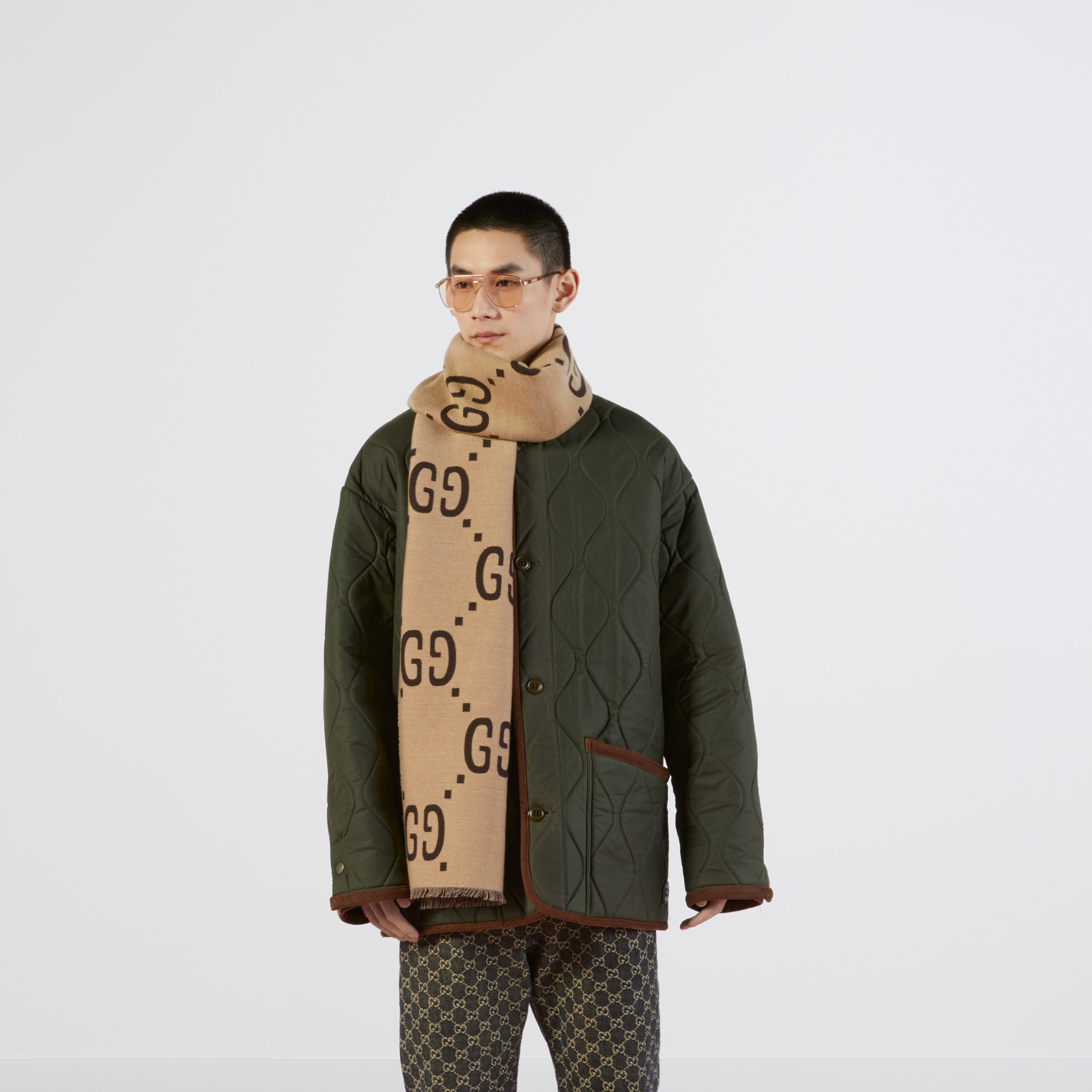 GG jacquard wool silk scarf - 3