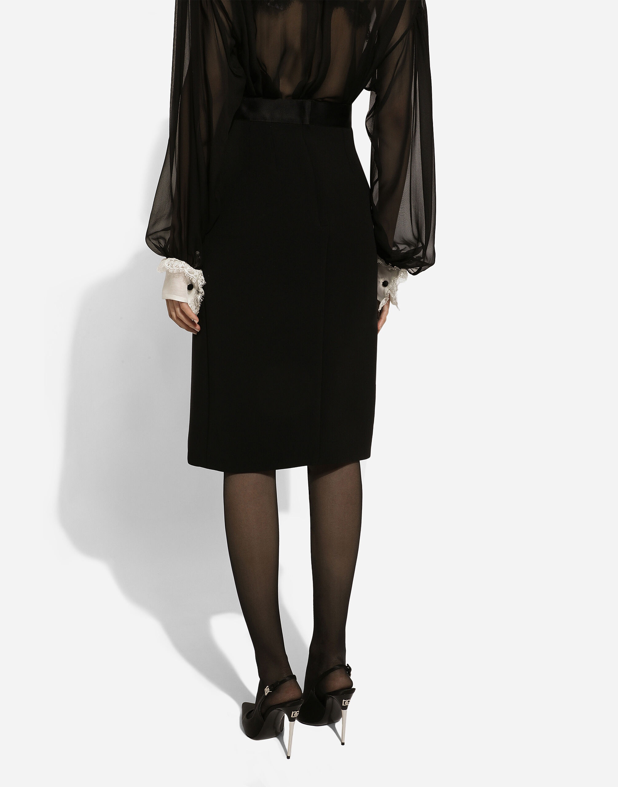 Wool midi pencil skirt with satin waistband - 9
