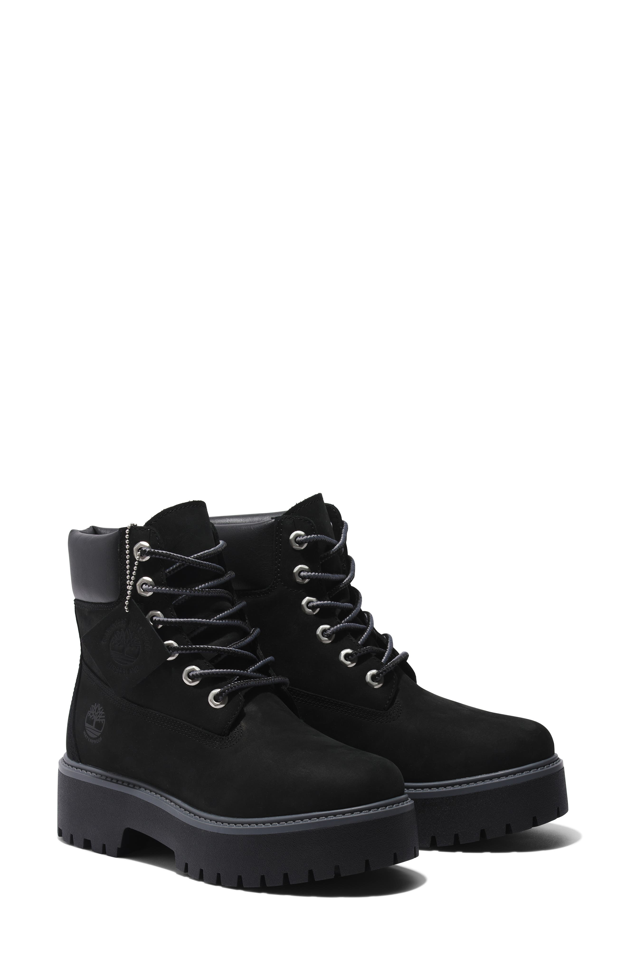Timberland Stone Street 6-Inch Waterproof Lace-Up Leather Boot in Jet Black at Nordstrom - 9