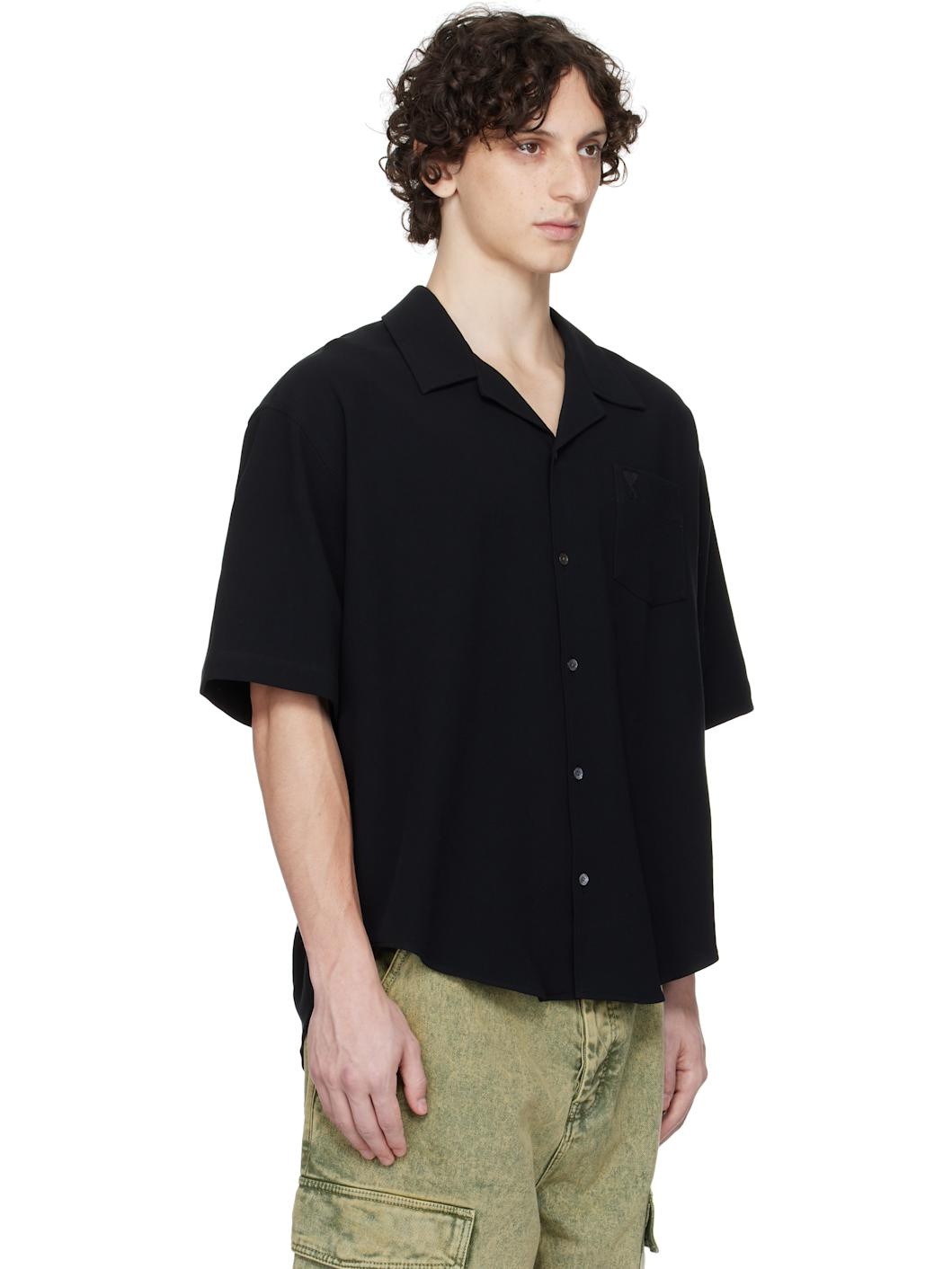 Black Cotton Camp Collar Shirt - 2
