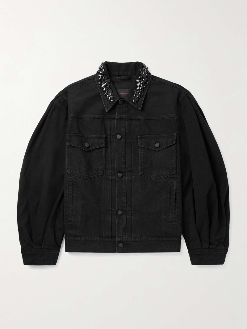 Crystal-Embellished Pleated Denim Jacket - 1