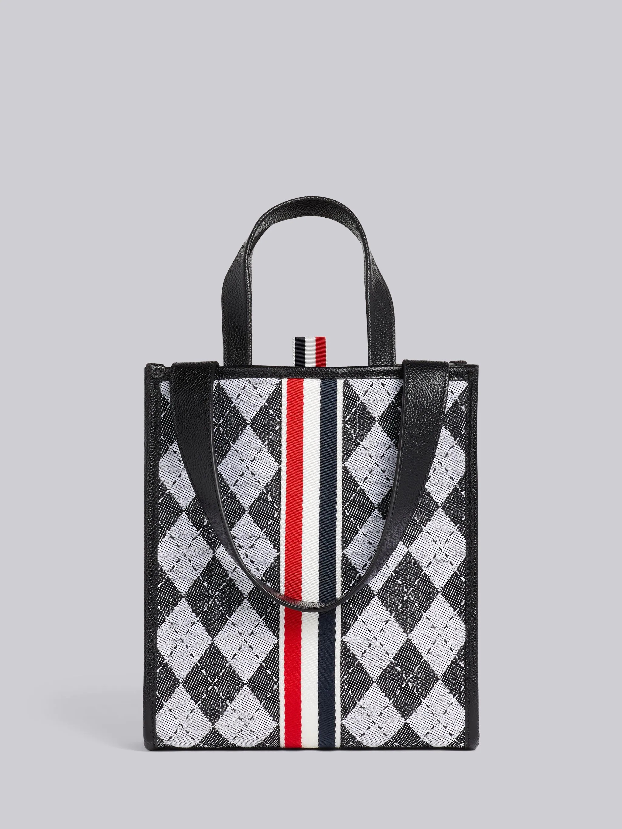 Black and White Argyle Wool Cotton Jacquard Webbing Stripe Shoulder Strap Small Tote - 1