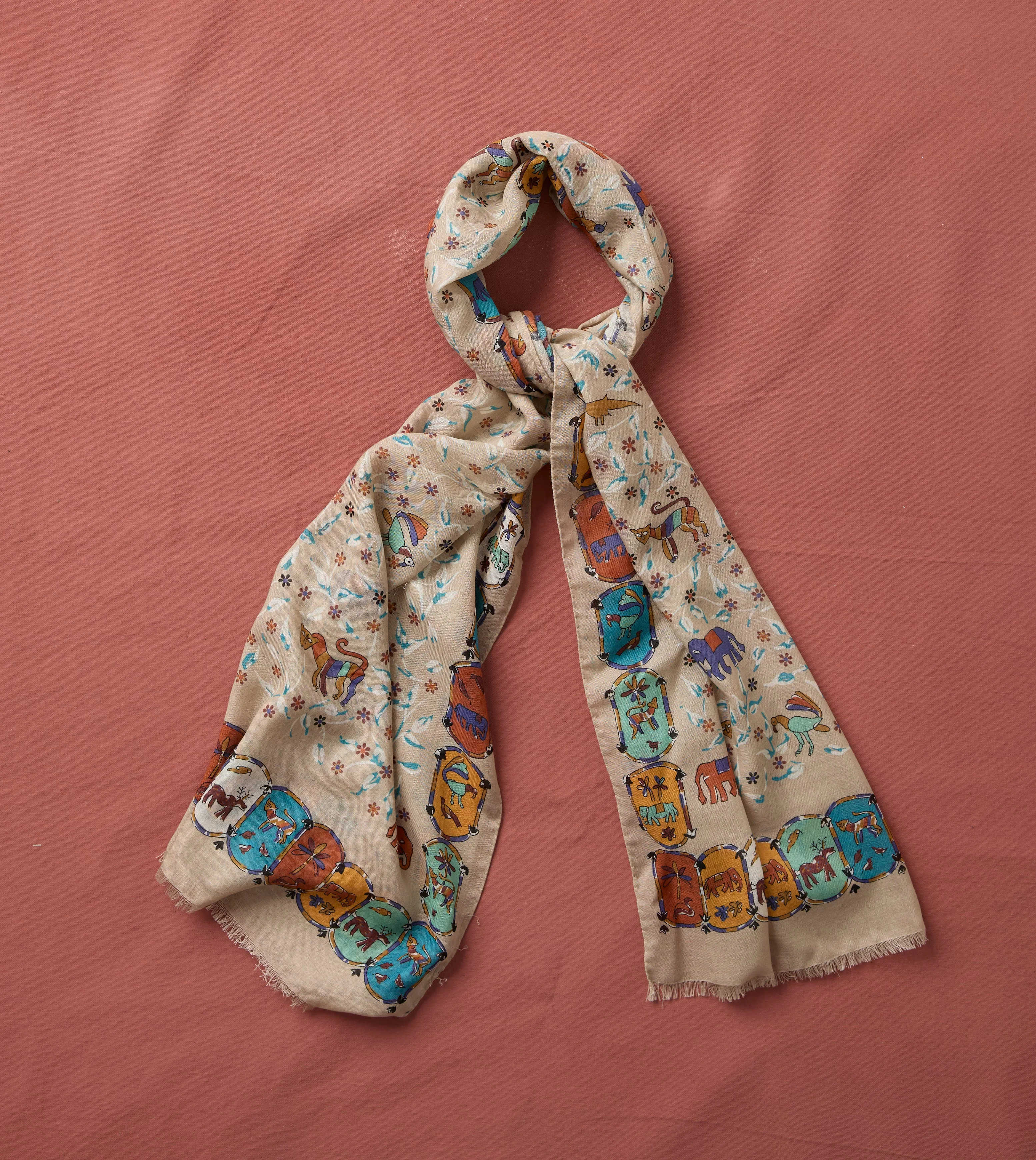 Ecru Loose Animal Print Wool-Silk Scarf - 1