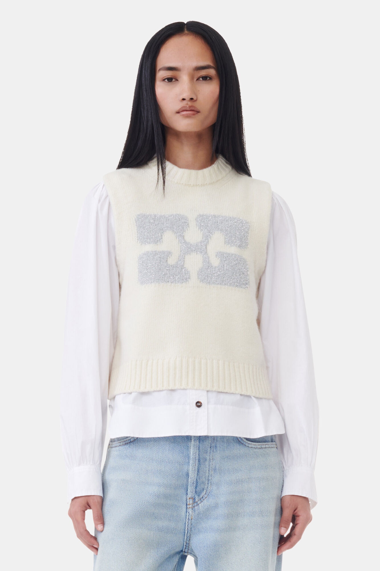 WHITE GRAPHIC WOOL MIX VEST - 2
