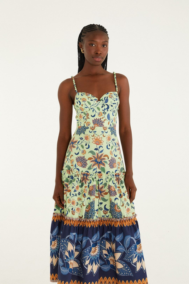 Green Floral Delhi Tapestry Beaded Straps Midi Dress 4