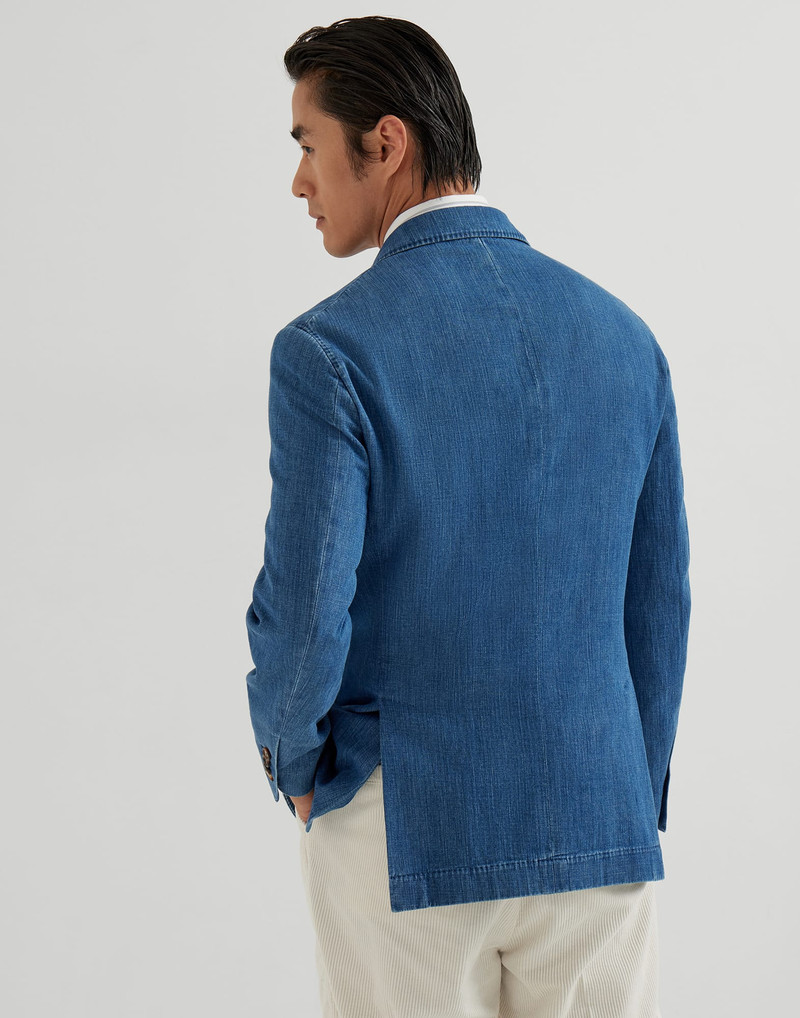 Brunello Cucinelli Lightweight old denim deconstructed blazer with peak lapels and patch pockets outlook